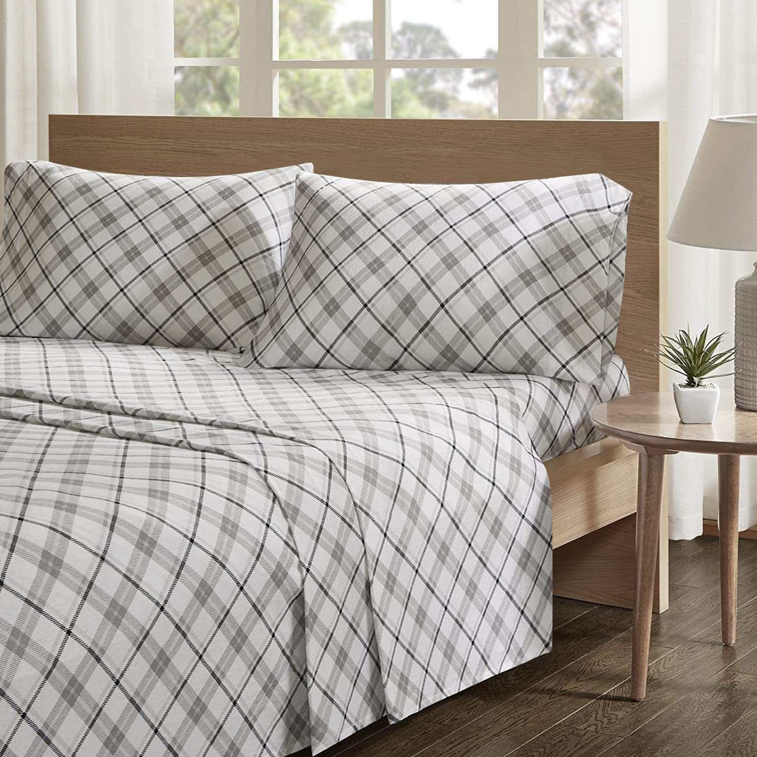 Comfort Spaces Cotton Flannel Breathable Warm Deep Pocket Sheets With Pillow Case Bedding, Queen, Grey Plaid 4 Piece
