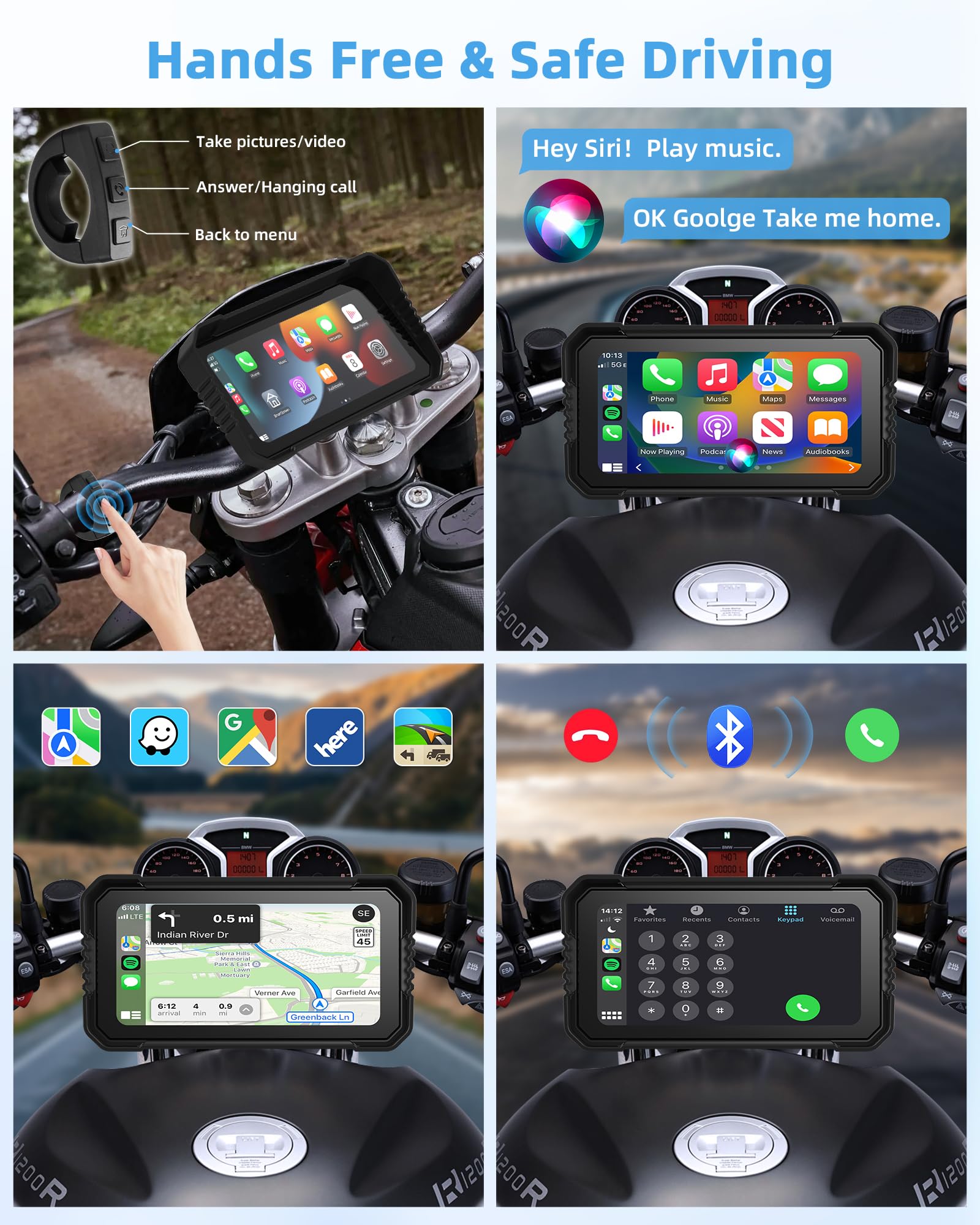Jelkuz 4K Motorcycle Carplay 6.25 Inch Carplay Motorcycle Screen/Android Auto For Moto Dash Cam With Dual Cameras Gps Navigation