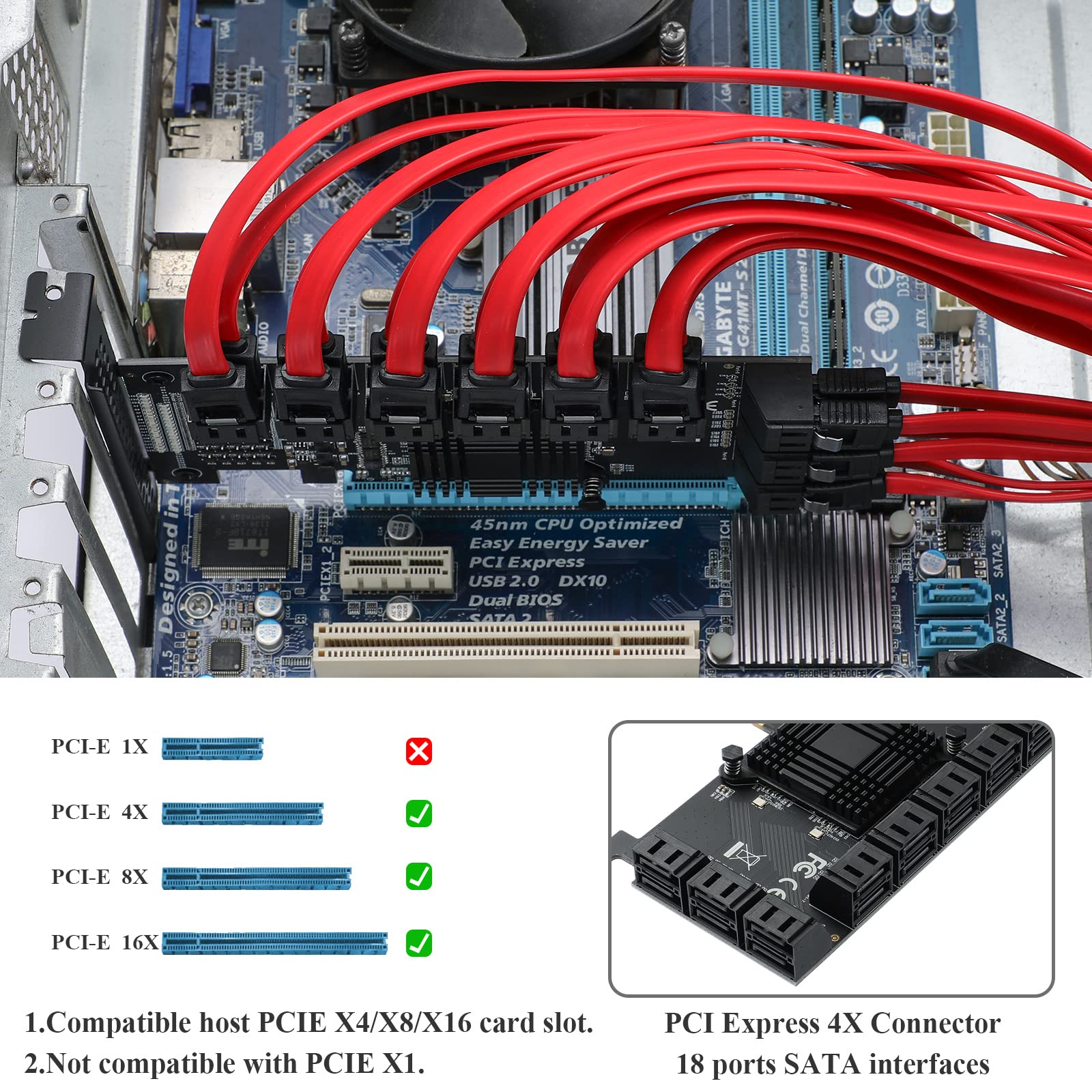 Mzhou Pcie Sata Card 18 Port Sata 4X 6Gbps Sata 3.0 Devices Pcie Card With Sata Cables & Sata Power Cable(Asm1166+575 Chip)