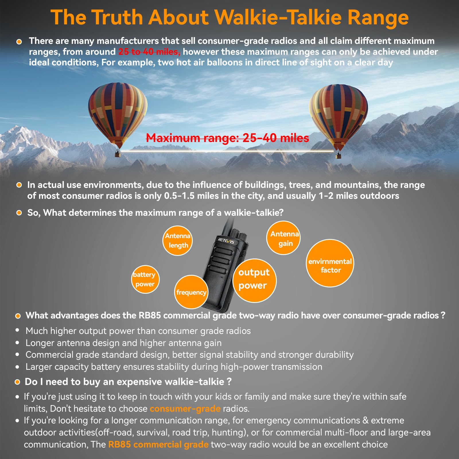 Retevis Rb85 2 Way Radio For Adults Long Range,High Power Professional Walkie Talkies With Earpiece,Rechargeable Two Way Radios,