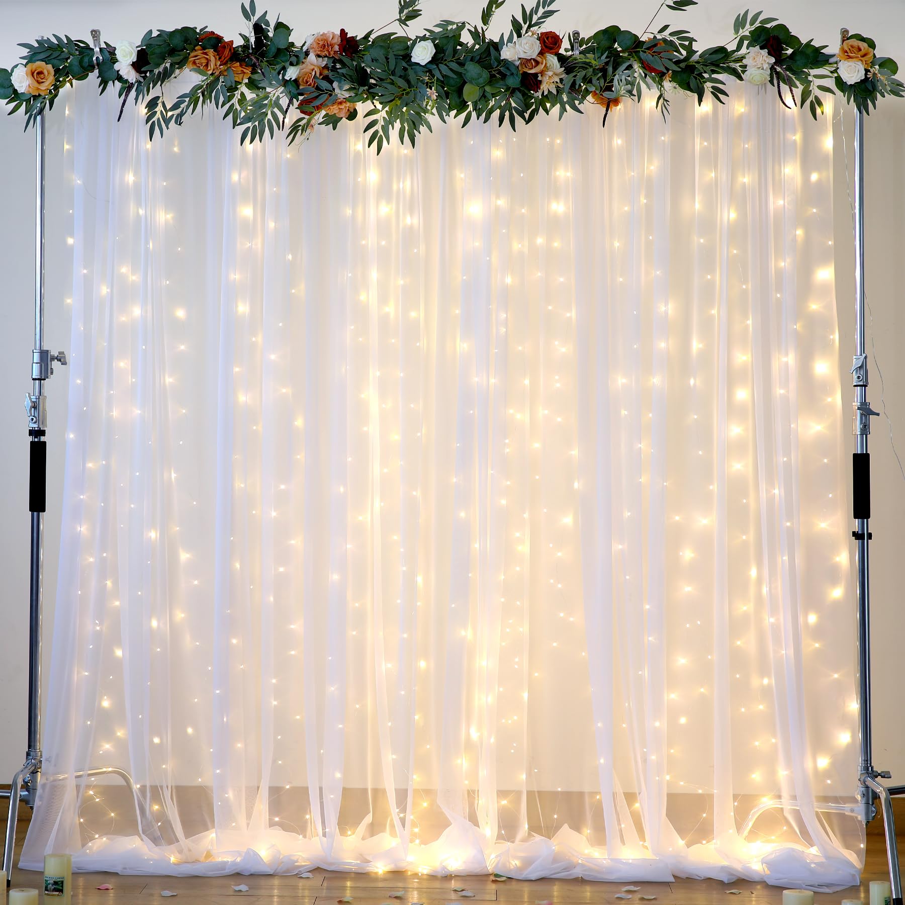 White Tulle Backdrop Curtain With Lights String For Parites 20  8Ft Sheer Backdrop Curtains White Curtain Backdrop For Wedding B