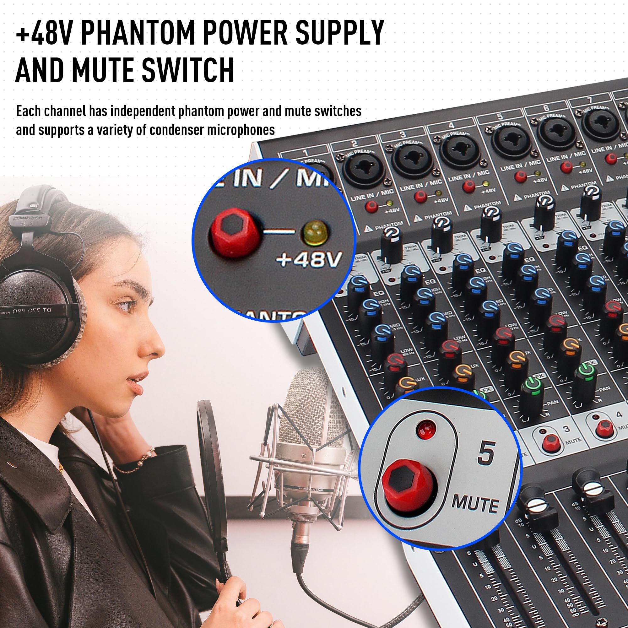 Fulode 12 Channel Bluetooth Studio Audio Mixer 99 Bit Dsp Digital Processor W/Usb Mp3 For Pc Recording Input, Rca, Xlr Microphon