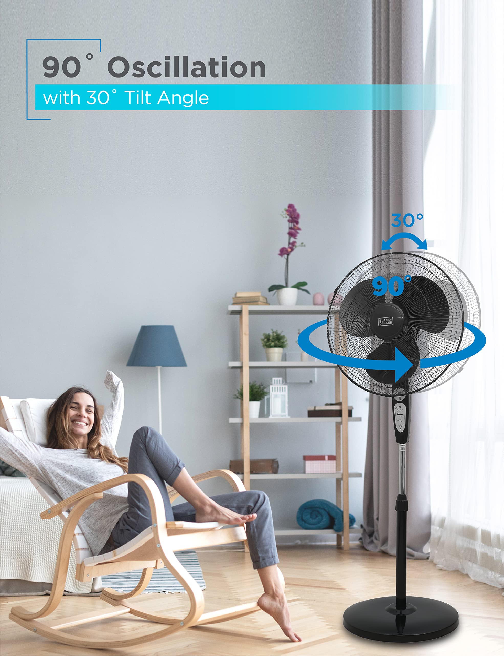Black+Decker 18 Inch Stand Fan With Pedestal Base, Height Adjustable Pedestal Fan With Remote And Touch Control Panel, Free Standing Fan With 90 Degree Oscillating And 3 Speed Settings, Black