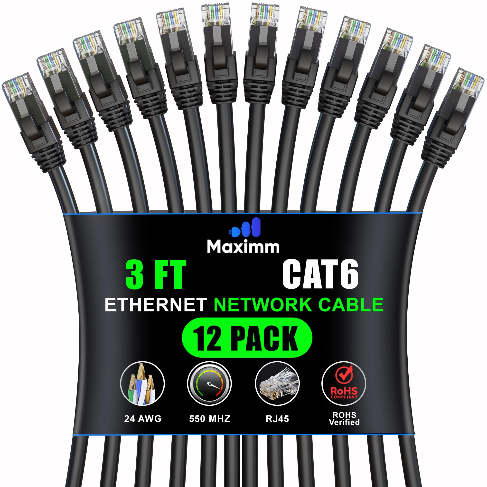 Maximm Cat 6 Ethernet Cable 3 Ft (12 Pack)   High Speed Lan Cable, Internet Cable, Patch Cable, And Network Cable   Utp, 10Gbps, 550Mhz Ethernet Cord   Black