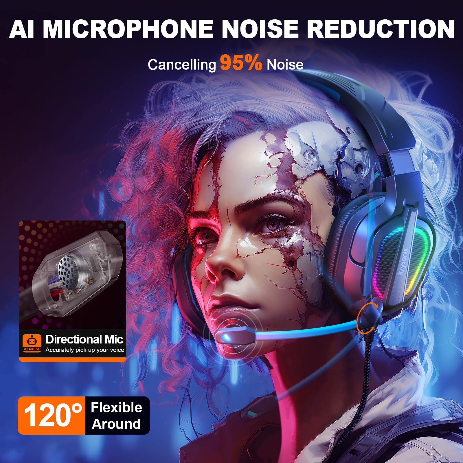 Krysenix Pg2 Gaming Headset For Ps4/Ps5/Pc/Xbox One, Ergonomic Design Over Ear With Ai Stereo Microphone Sound, Computer Headset