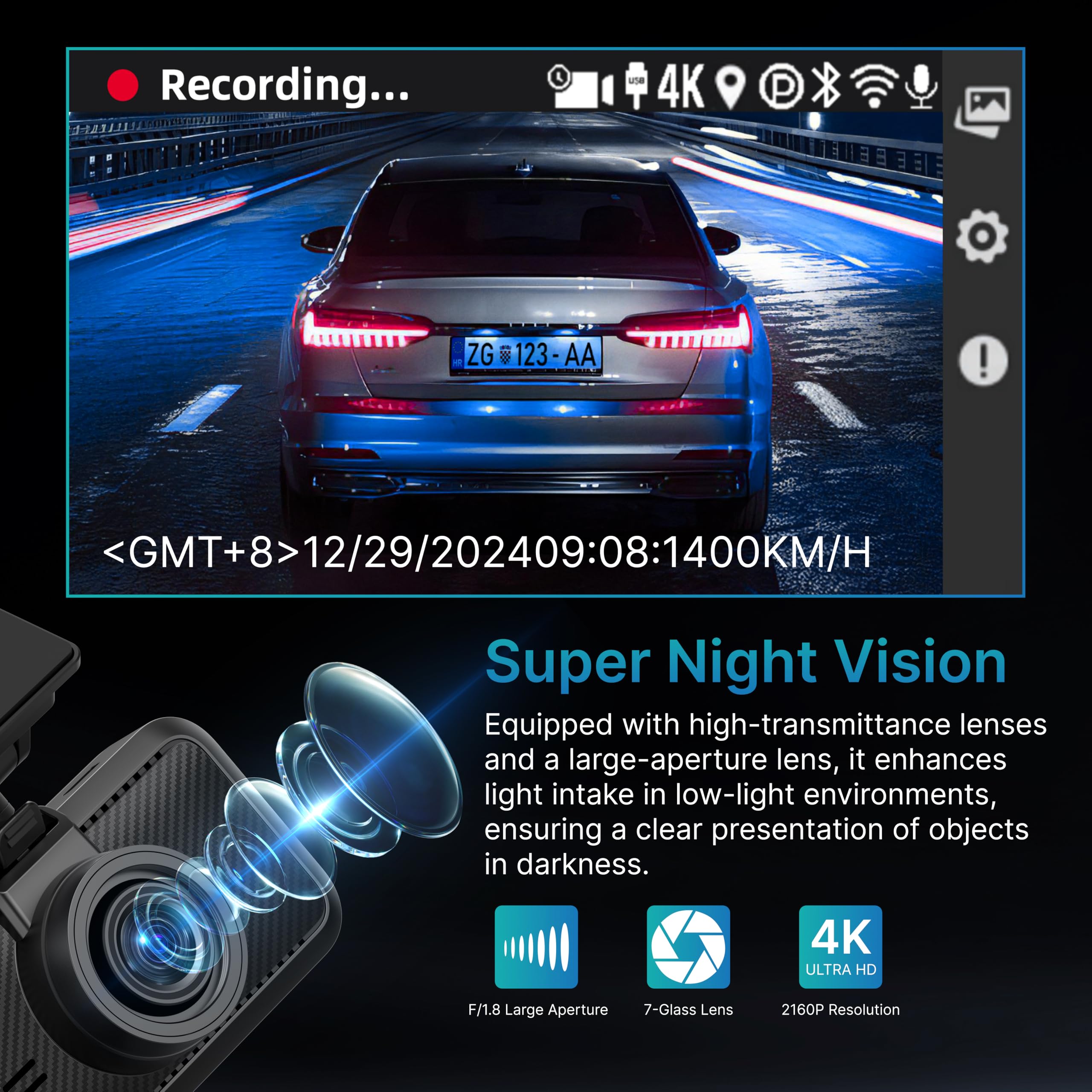 Miofive Dash Cam Front, S1 E Car Camera, Built In Wifi & Gps Car Dashboard Camera Recorder With 4K/2160P Uhd, App, 3'' Ips Scree