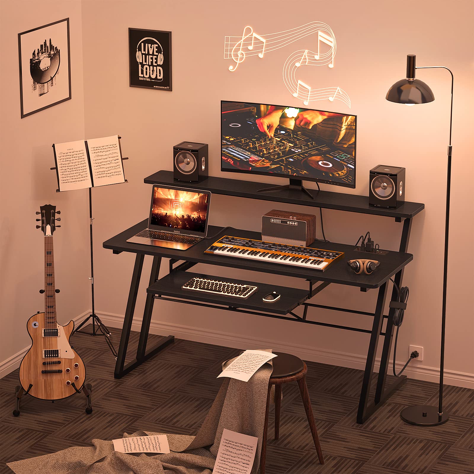 armocity 47'' Studio Desk - Black, Engineered Wood, Model SD-B, with Power Outlet for Music Production and Recording