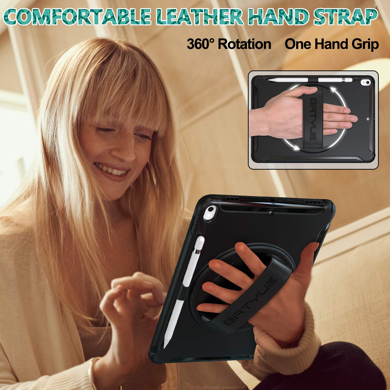 Batyue Ipad Air 3Rd Gen Case 2019/2017 Ipad Pro 10.5 Case With Pencil Holder, 360 Swivel Stand/Hand Strap, Shockproof Drop Prote