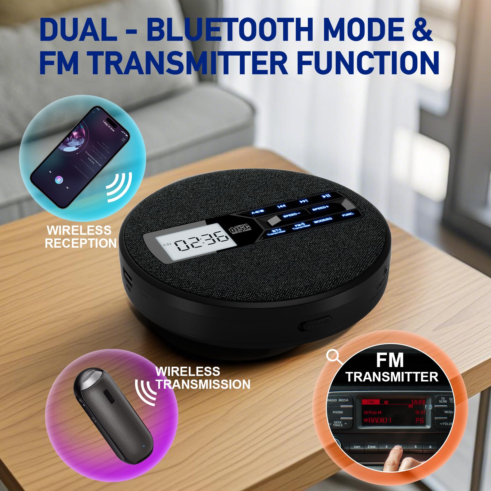 M-Amazup Cd Player Portable, Rechargeable Portable Cd Player With Dual Speakers And Anti Skip,Cd,Dual Bluetooth,Fm Transmission,