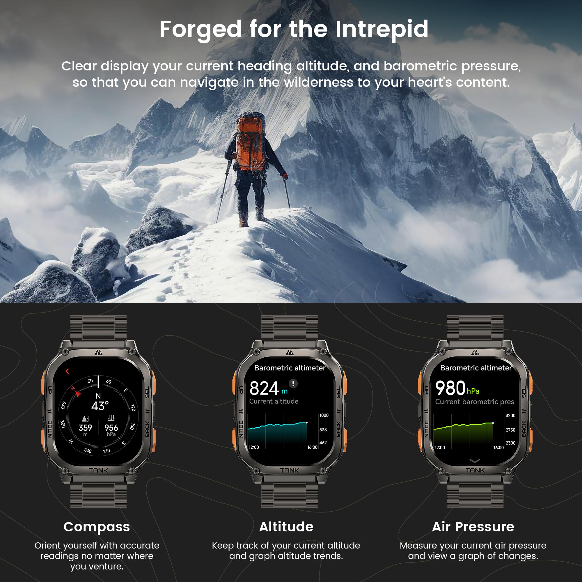Kospet Tank M3 Ultra Gps Smart Watch, 50M Waterproof, Compass, Altitude, Air Pressure, 480Mah Large Battery, Stainless Steel, Bl
