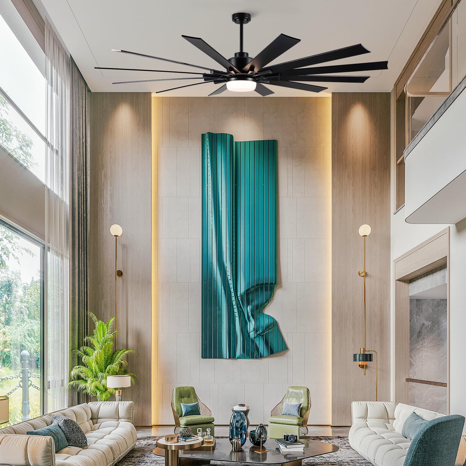 84 Inch Large Ceiling Fan With Light,12 Blades Reversible Dc Ceiling Fan,6 Speeds Remote Control,Dimmable 3 Color Temperatures L