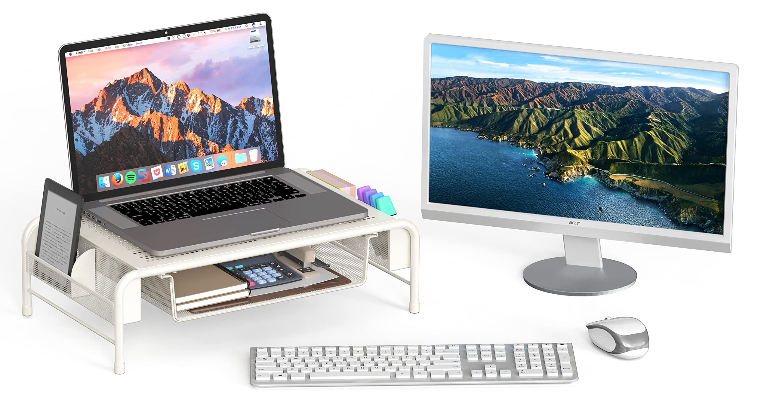 Simple Houseware Metal Desk Monitor Stand Riser With Organizer Drawer, White