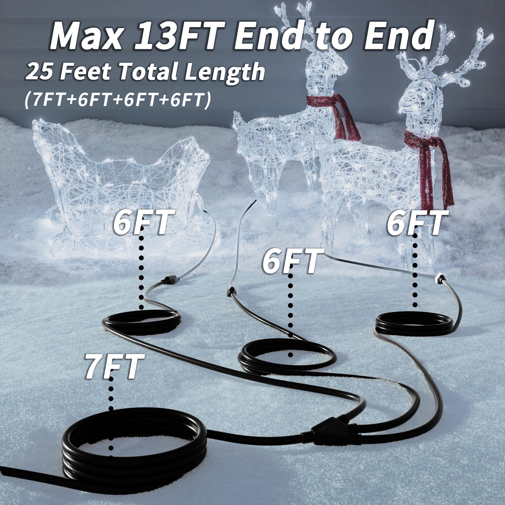 Plugsaf 1 To 3 Splitter Outdoor Extension Cord With Multiple Outlets; 25Ft Total(7+6+6+6) 13Ft End To End; 16/3 Sjtw Black Exten