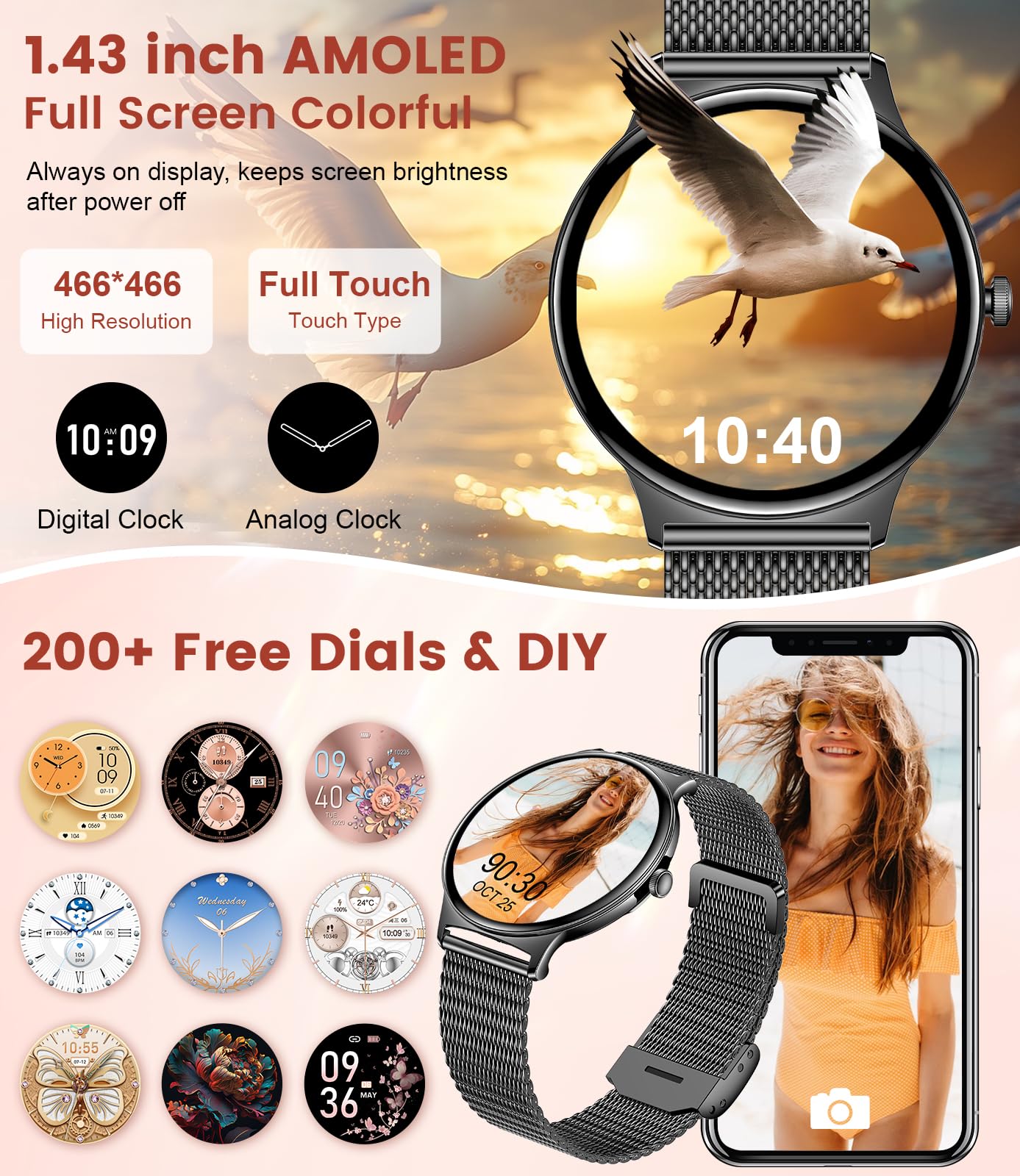 Lige Smart Watch For Women Men,1.43 '' Hd Amoled Slim Smartwatch For Android Ios,Fitness Tracker With 120+ Sport Modes/Ip68 Wate