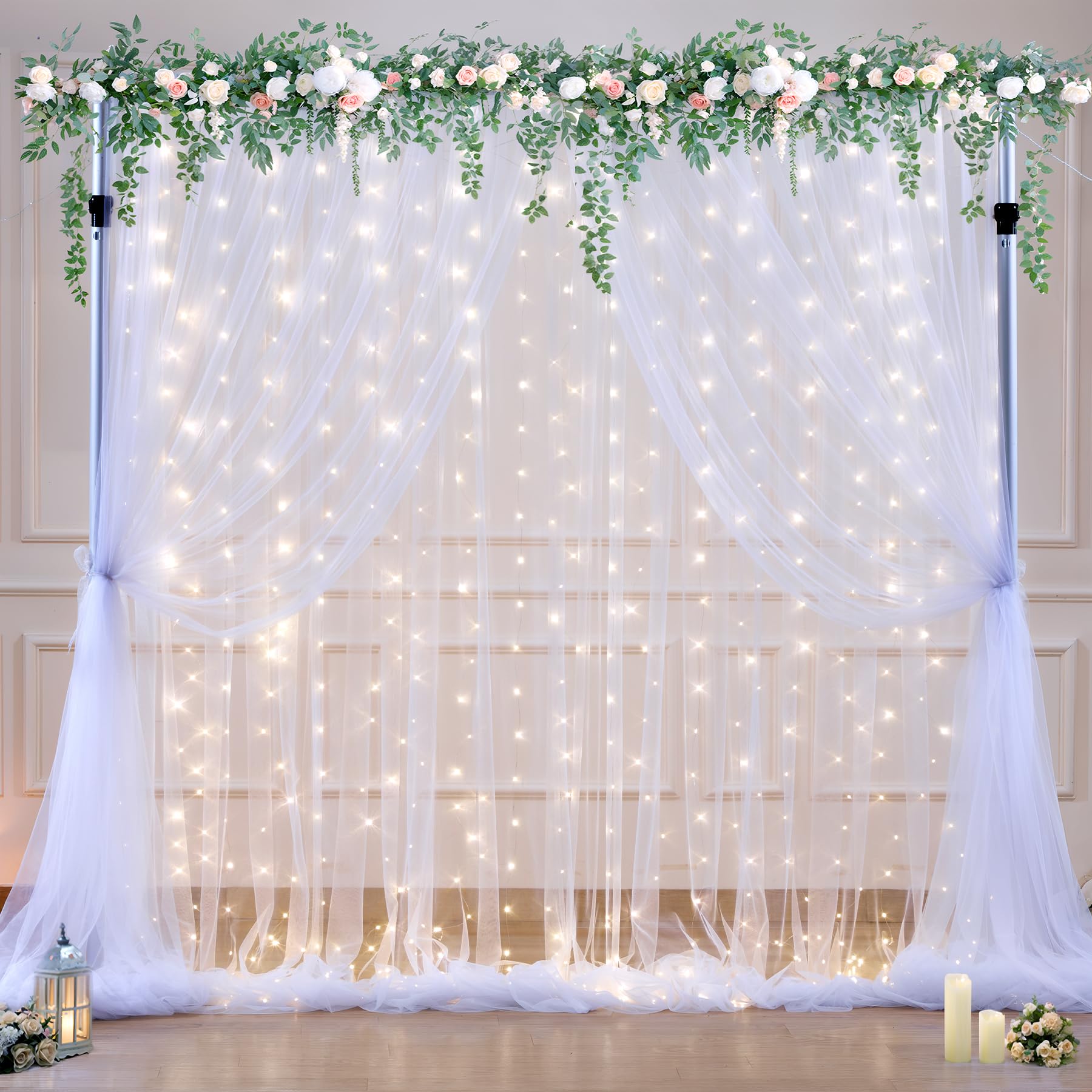 10Ft X 10Ft White Tulle Backdrop Curtain With Lights String For Parties Wedding Bridal Shower Sheer White Curtain Backdrop For B
