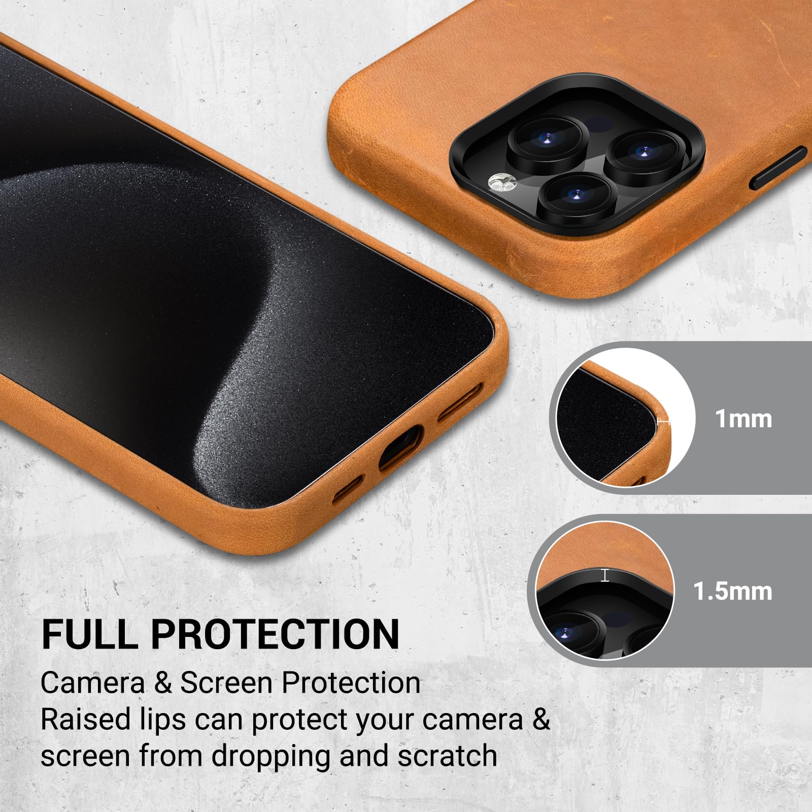 Belemay Compatible With Iphone 15 Pro Max Leather Case With Magsafe - Top Grain Vintage Crazy Horse Leather - Metal Buttons & Le