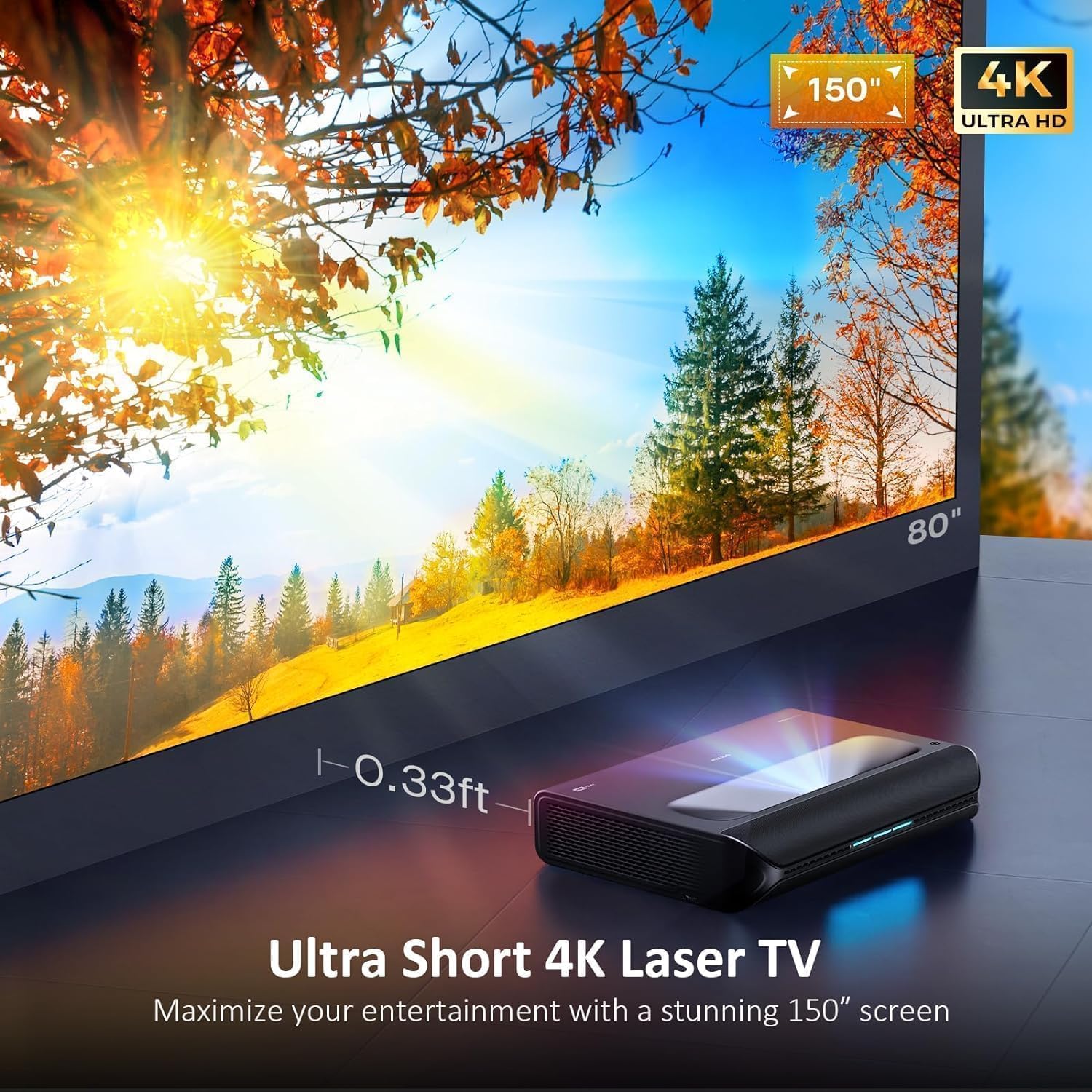 Nexigo Aurora Pro 4K Laser Tv, With 120' Fresnel Alr Screen, Factory Calibrated Color Accuracy, 2400 Lumens, For Home Theater And Daylight Use, Dolby Vision & Atoms, Active 3D
