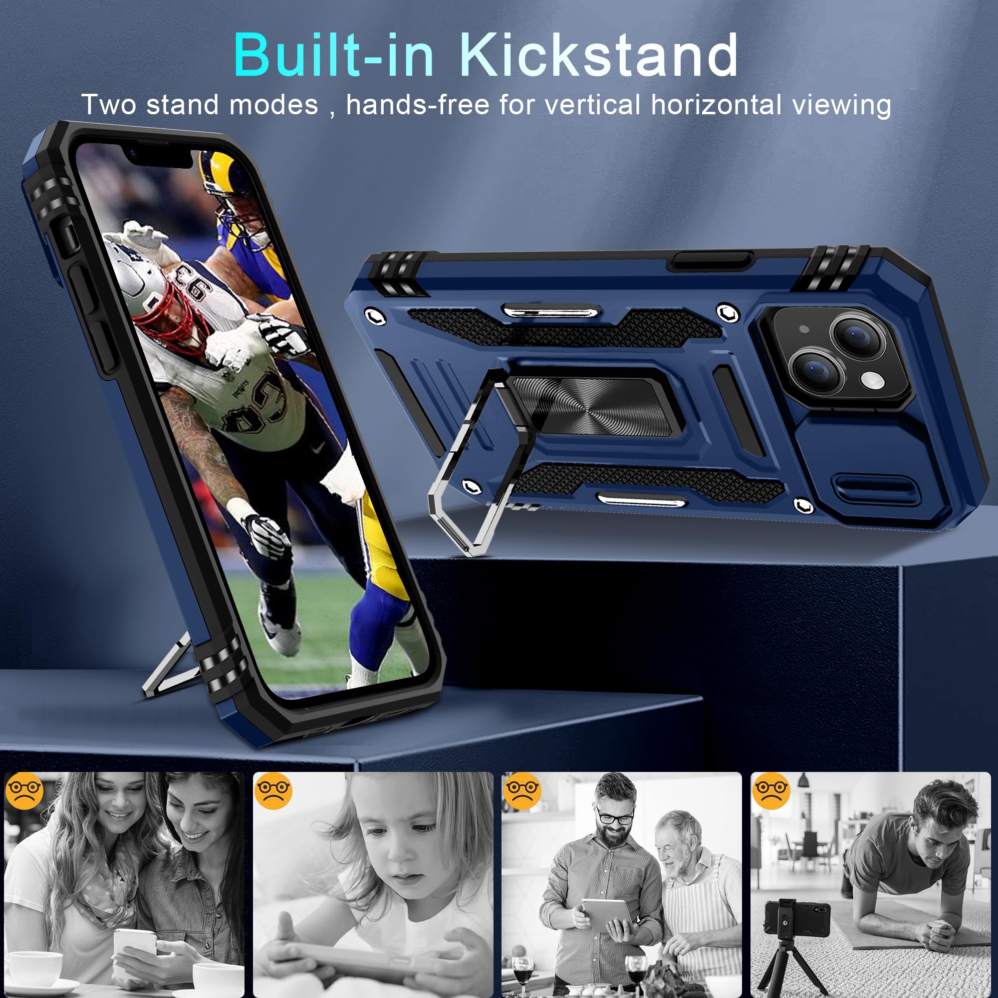 Deerlamn Case For Iphone 13/Iphone 14 6.1 Inch With Slide Camera Cover+Screen Protector(2 Packs),Rotated Ring Kickstand Military