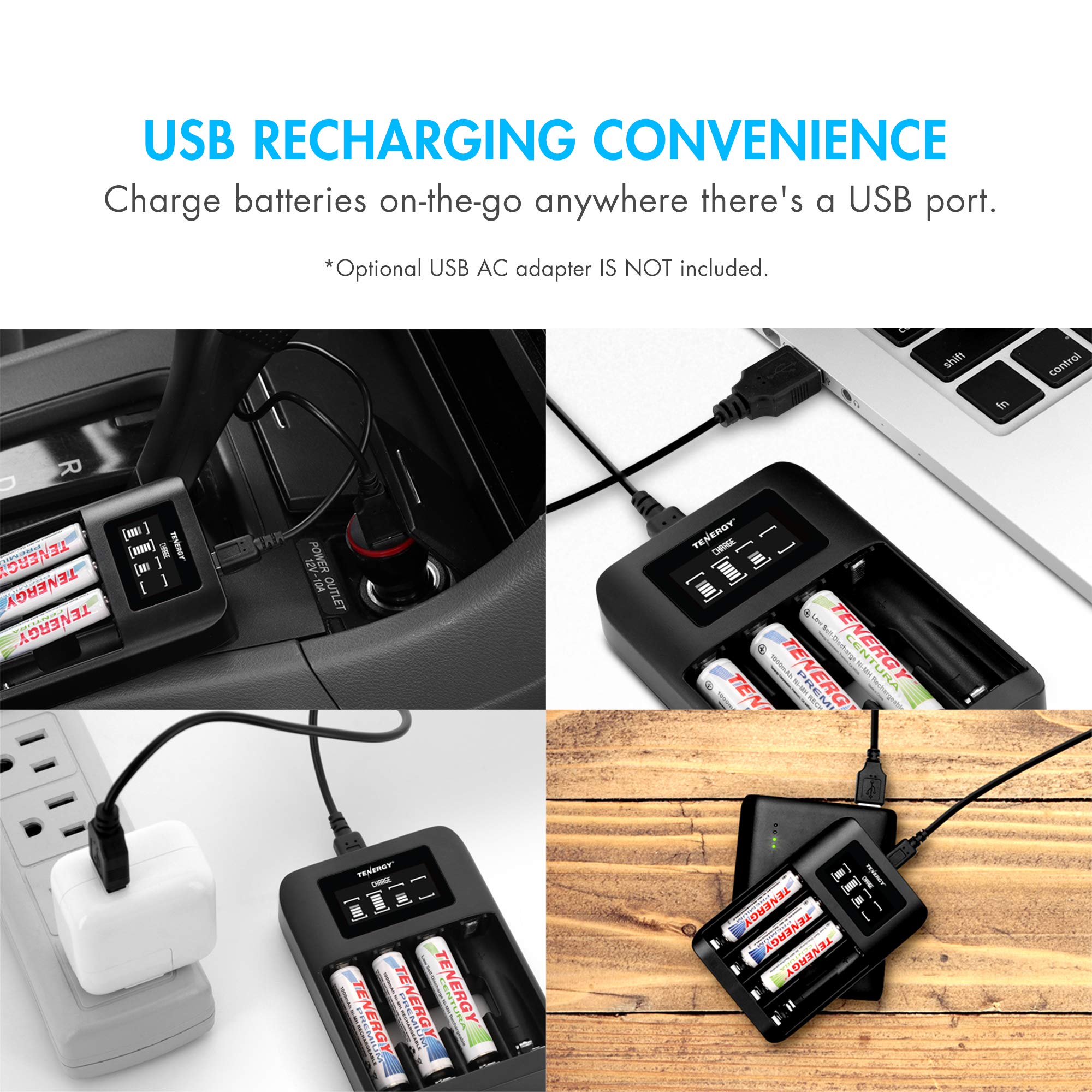 Tenergy Tn474U 4 Bay Nimh/Nicd Battery Charger With Lcd Display And Usb Input, Portable Charger For Aa/Aaa Nimh And Nicd Batteri