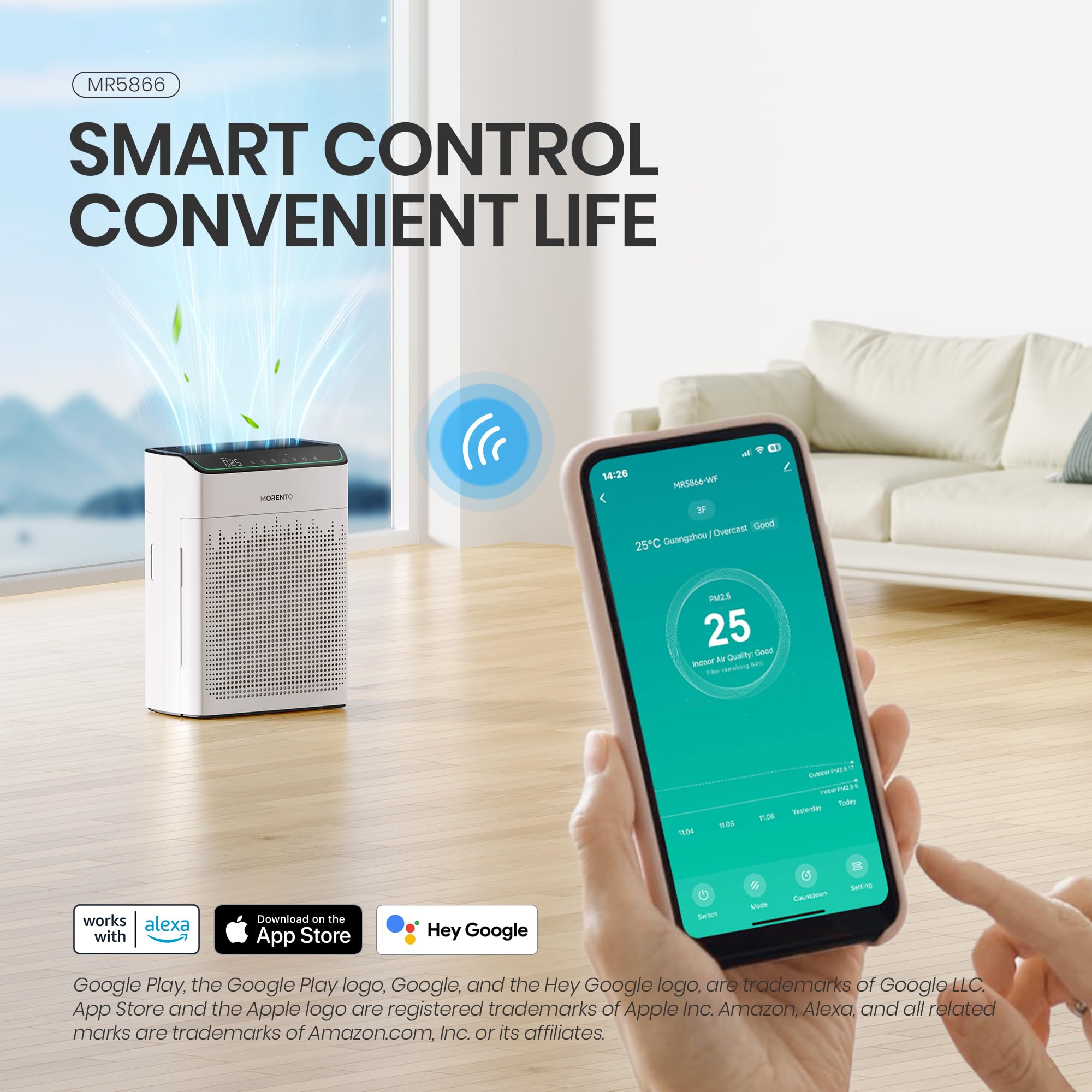 Morento Air Purifiers For Home Large Room Up To 1290 Ft With Pm 2.5 Air Quality Monitor, Wi Fi And Alexa Compatible, Hepa Auto M