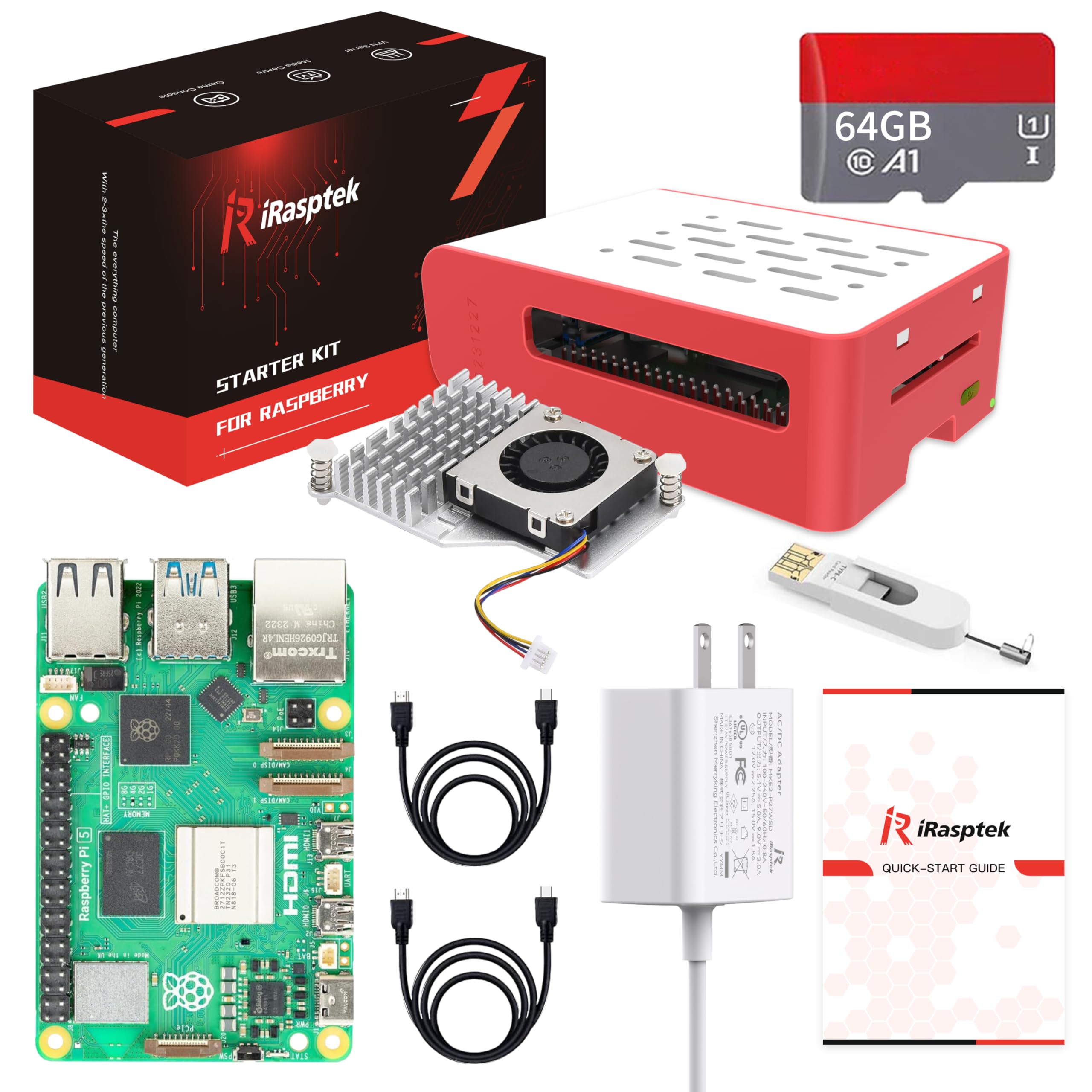 iRasptek Starter Kit for Raspberry Pi 5 RAM 4GB- 64GB Edition of OS-Bookworm Pre-Loaded(Red&White Case)