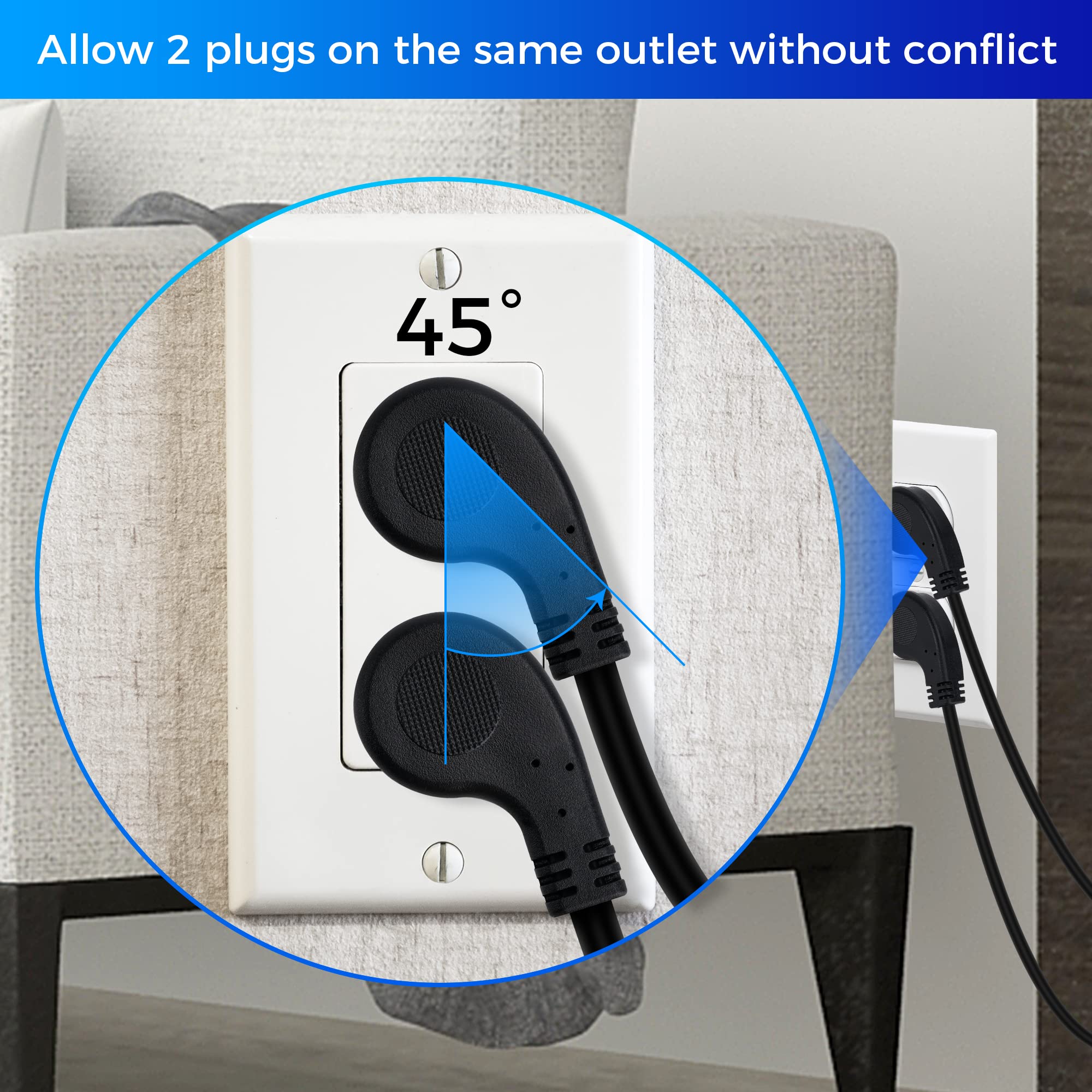 8 Inch Short Power Extension Cord 5Pack,45 Degree Low Profile Flat Plug 3 Prong Male To Female Heavy Duty Grounded Power Extensi