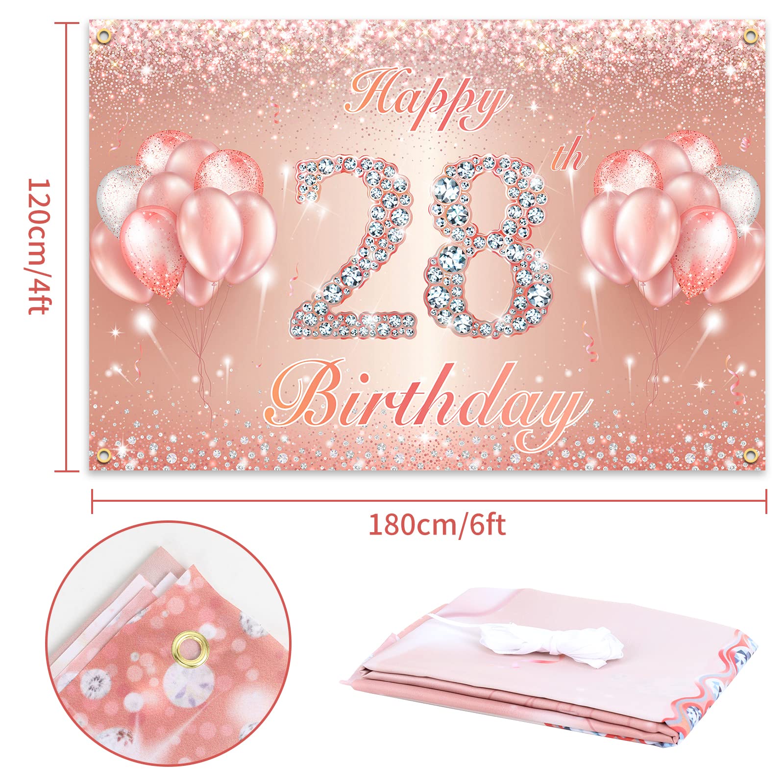 Happy 28Th Birthday Banner Backdrop   28 Birthday Party Decorations Supplies For Women Or Men   Rose Gold 4 X 6Ft