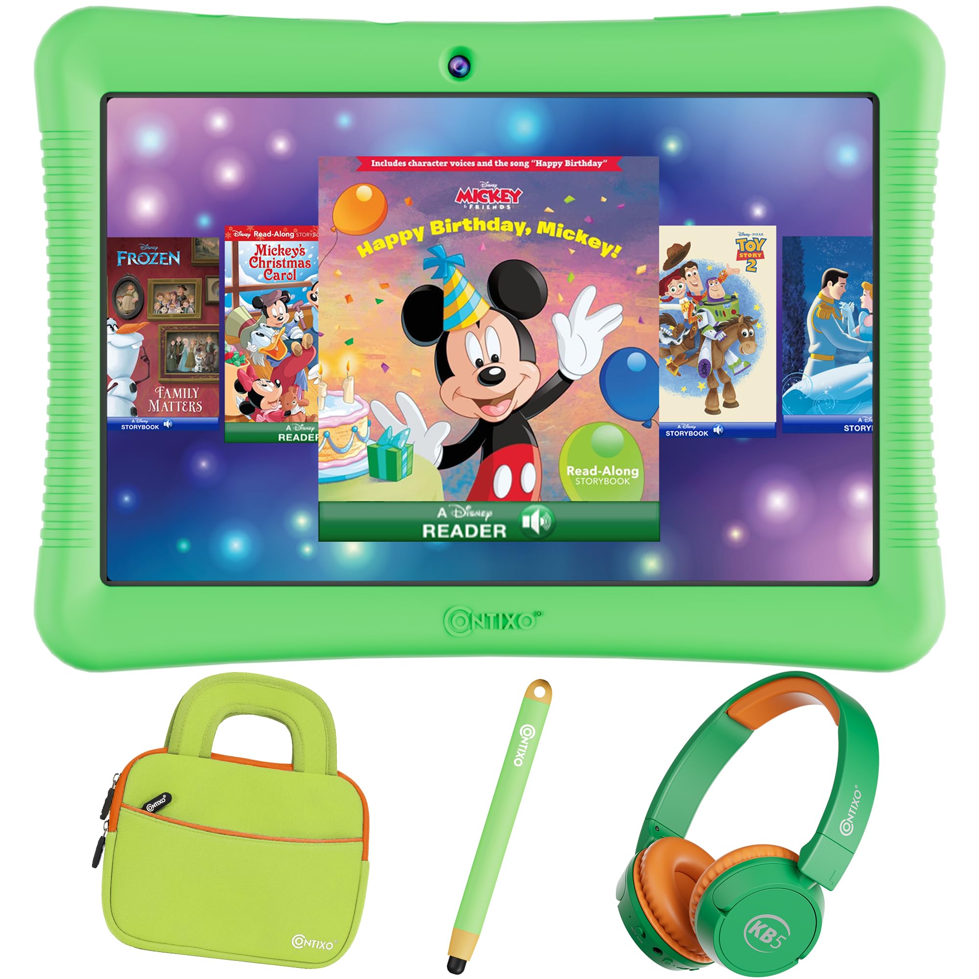 Contixo 10' Android Kids Tablet 64Gb Bundle, Includes 80+ Disney Storybooks & Stickers (Value $350), Kid Proof Case With Kickstand & Stylus, Headphone, Sleeve Bag (2023 Model) (Green)