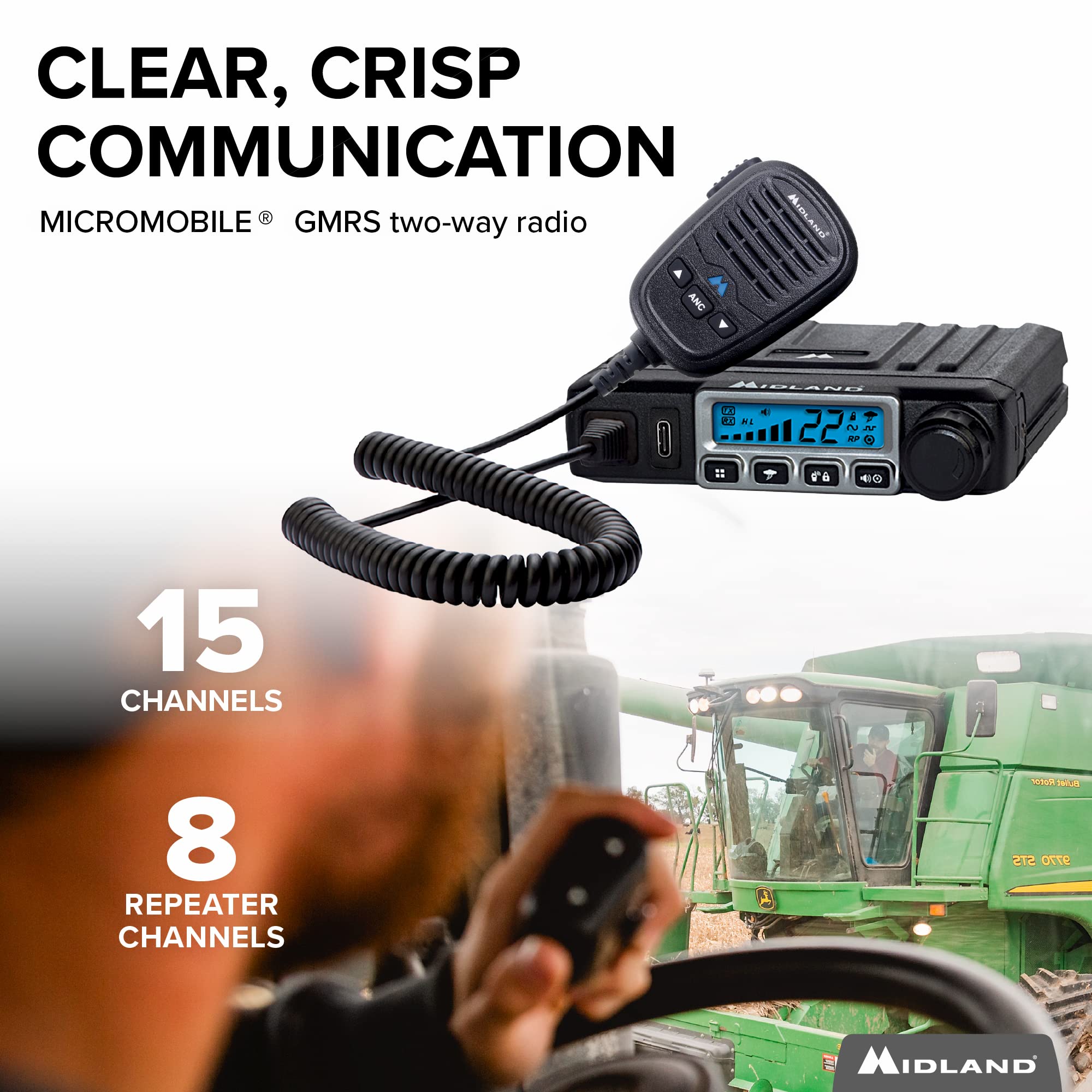 Midland � Mxt115Agvp3   15 Watt Gmrs Micromobile Two Way Radio   Off Roading Outdoor Farm Radio   Extended Range 3Db Gain Ghost Antenna, Antenna Cable, Mounting Bracket   Farm Tractor Bundle