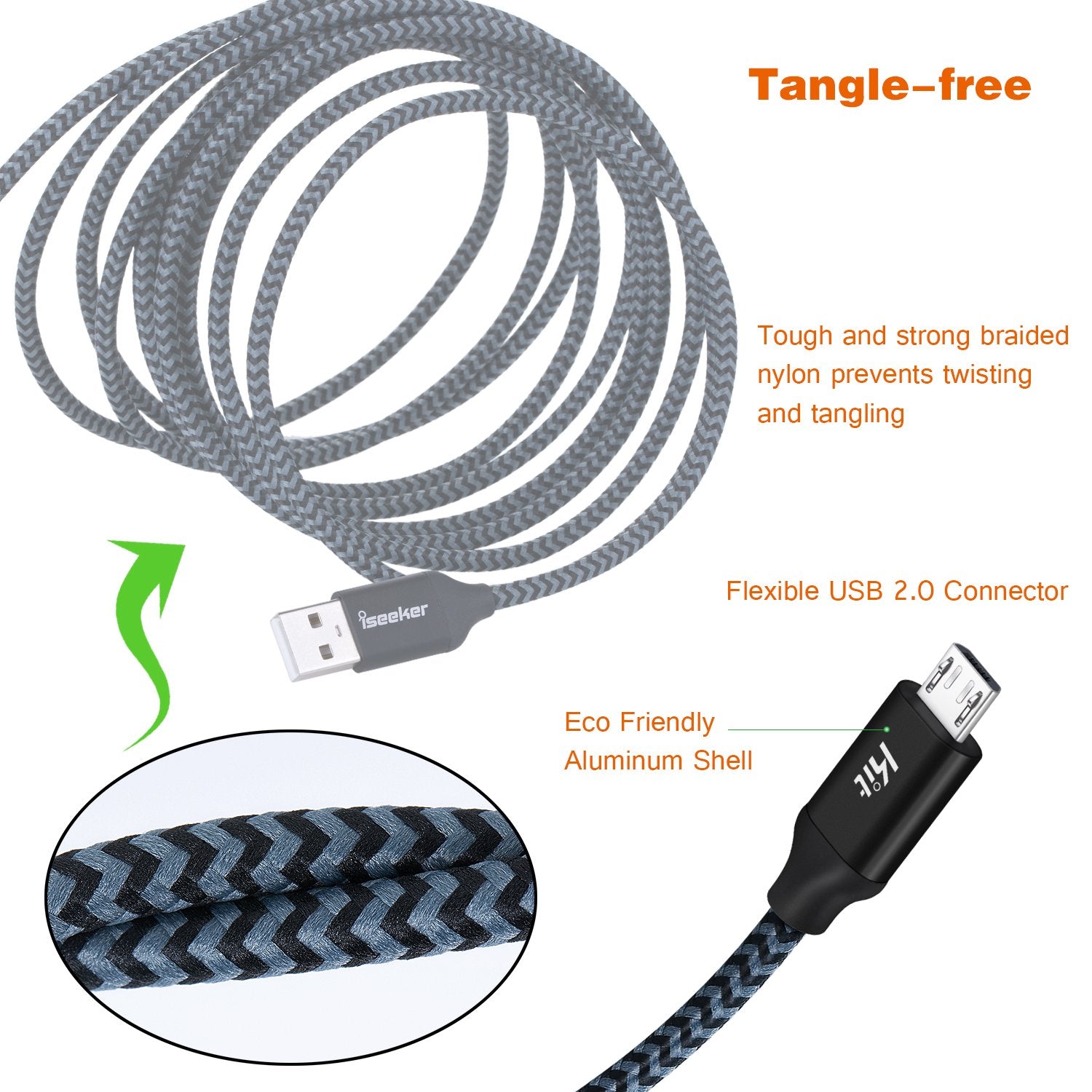Iseekerkit Usb Cable 15Ft Extra Long Braided Micro Usb Charging Cords [2Pack] Compatible For Android/Windows/Ps4 Controller/Samsung Galaxy S7 S6 Plus And More(Black)