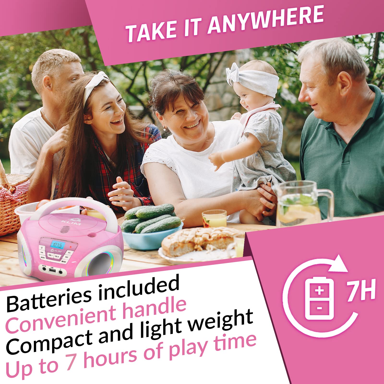 Klim Candy Kids Portable Cd Player For Kids   New Version 2024   Fm Radio   Batteries Included   Cd Boombox For Kids   Cute Pink