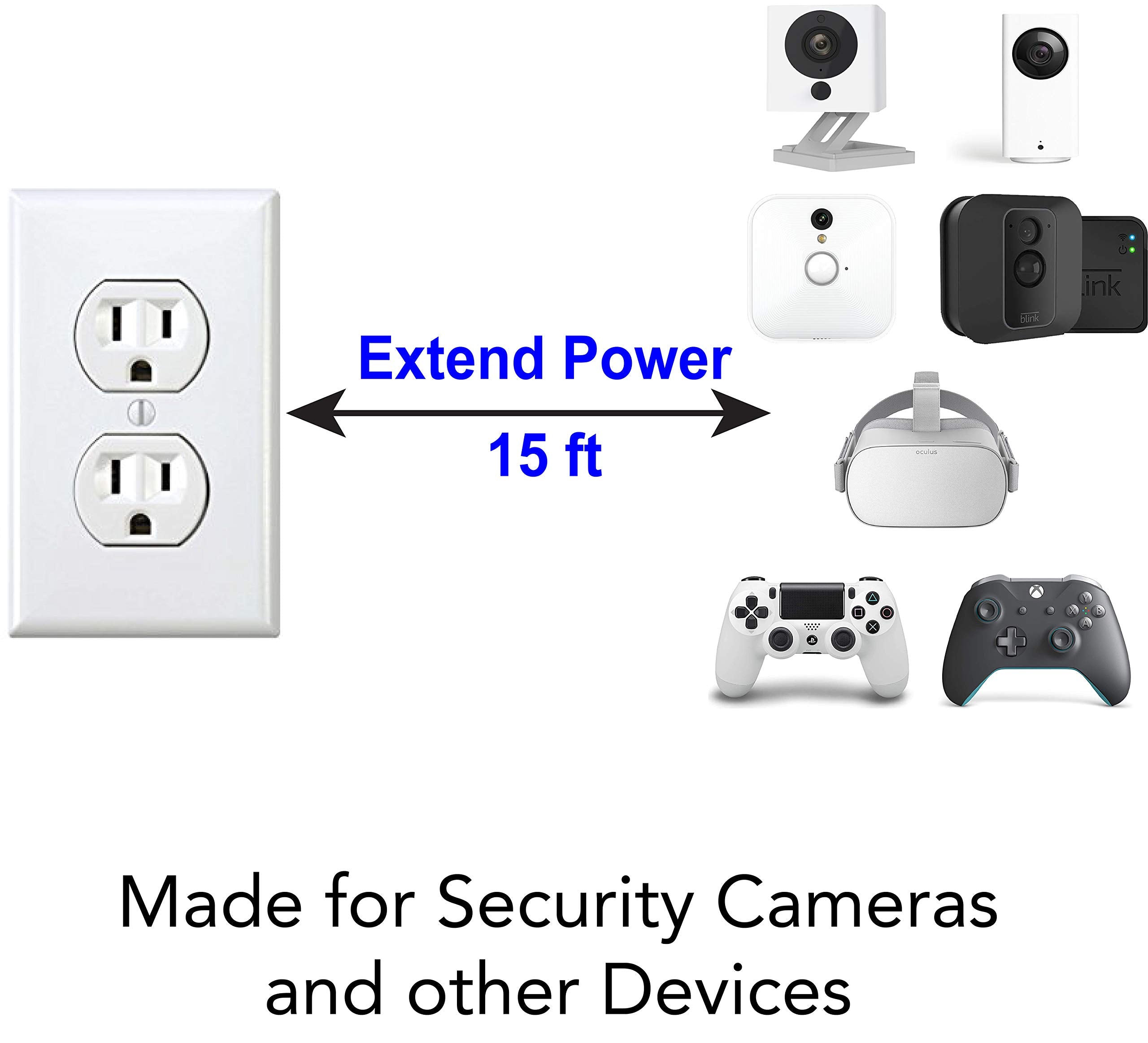 15Ft Power Extension Cable Compatible With Wyze Cam V3 Indoor Outdoor, Blink, Echo, And More.   White