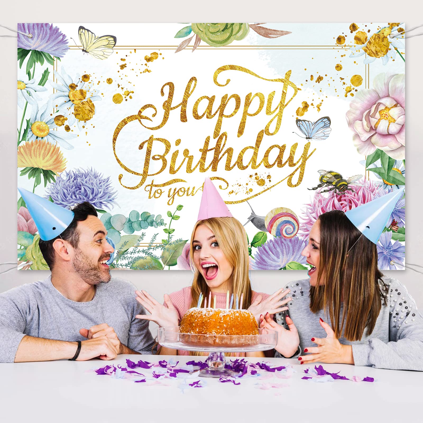 Pink Happy Birthday Backdrop Decorations For Women Birthday Party Supplies Rose Gold Floral Backdrop Sweet Flowers Photography B