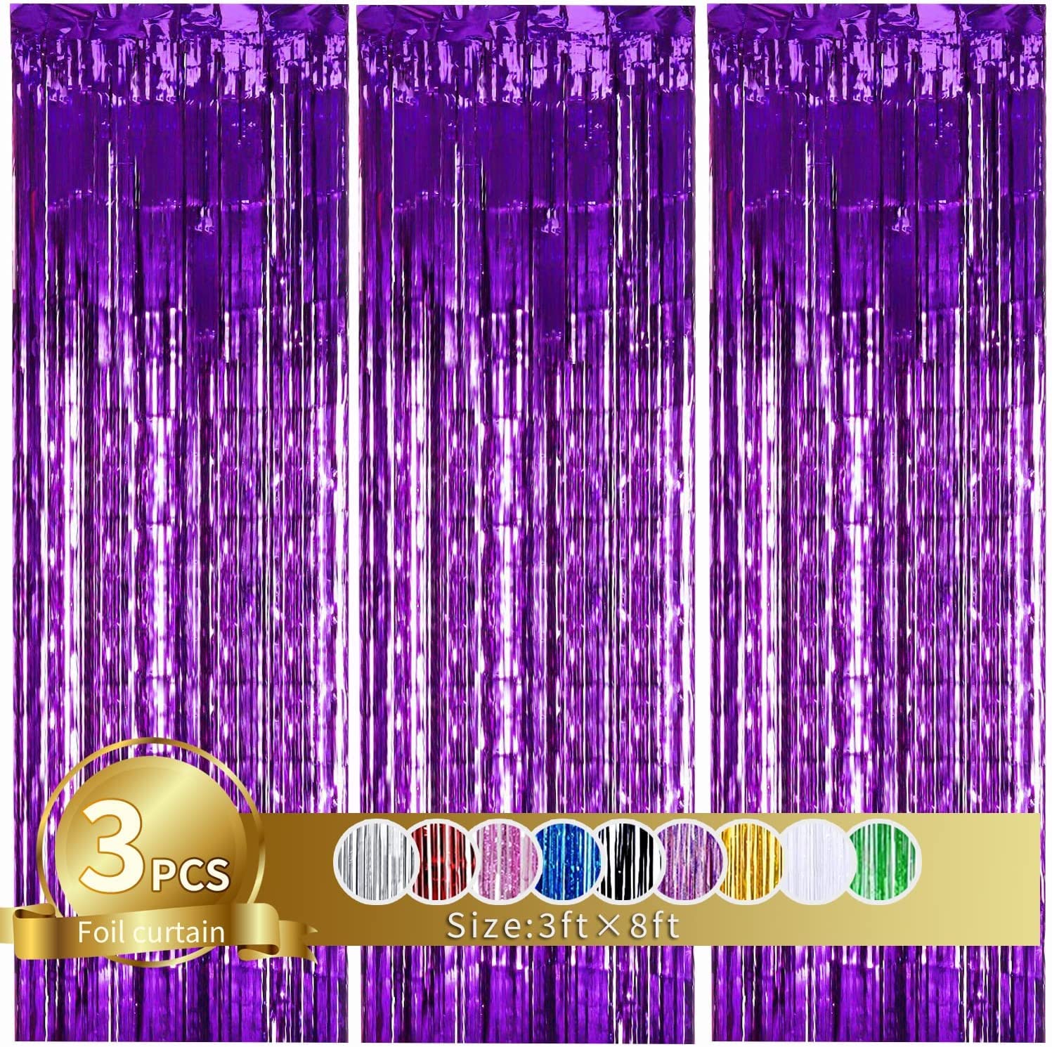 Toniful 3Pcs Purple Door Streamers,Purple Photo Booth Backdrop Metallic Streamers Foil Fringe Curtains For Birthday,Christmas,Ne