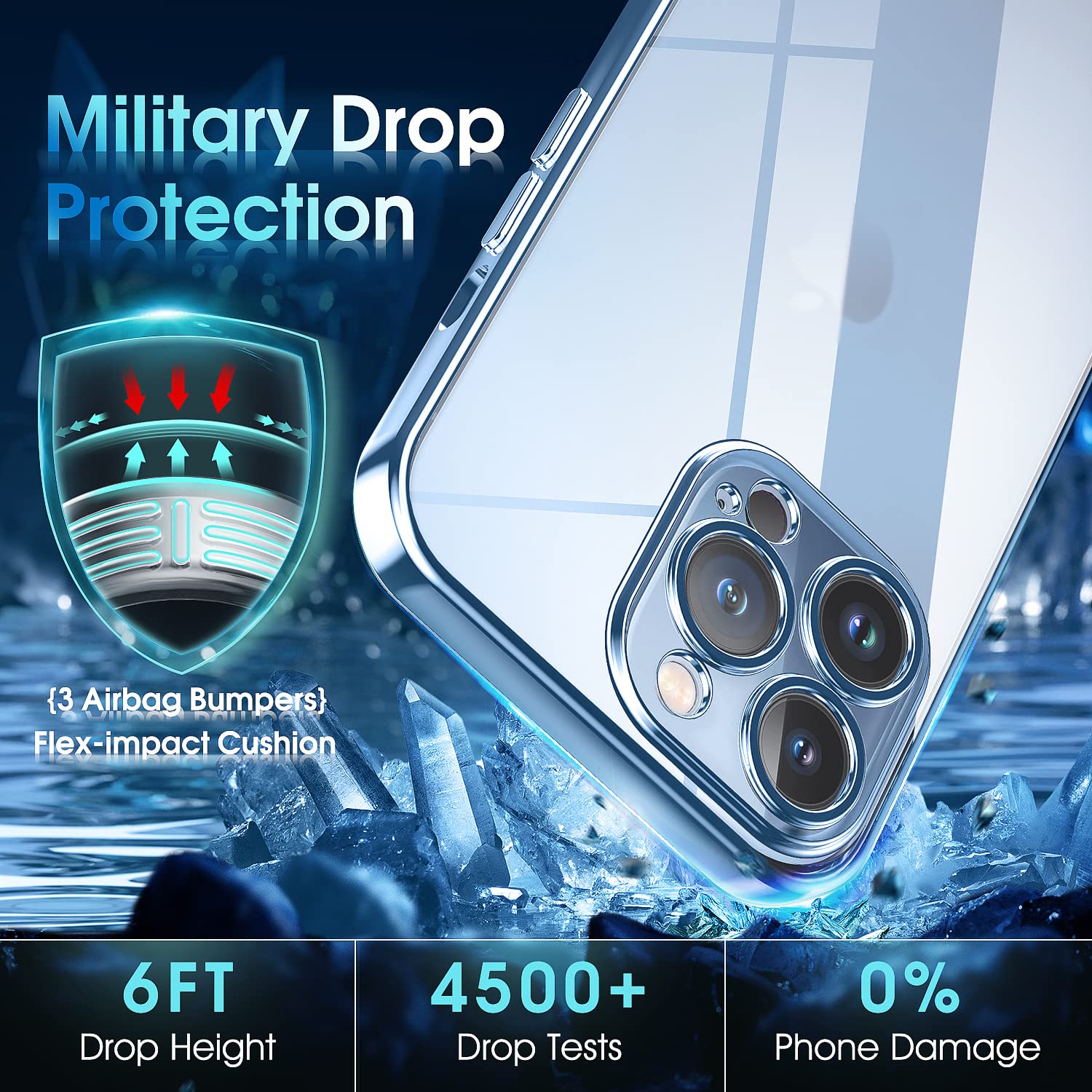 Supdeal Crystal Clear Phone Case iPhone 13 Pro Military Drop Tested Anti-Yellowing Camera Protection Silicone Blue 6.1 inch