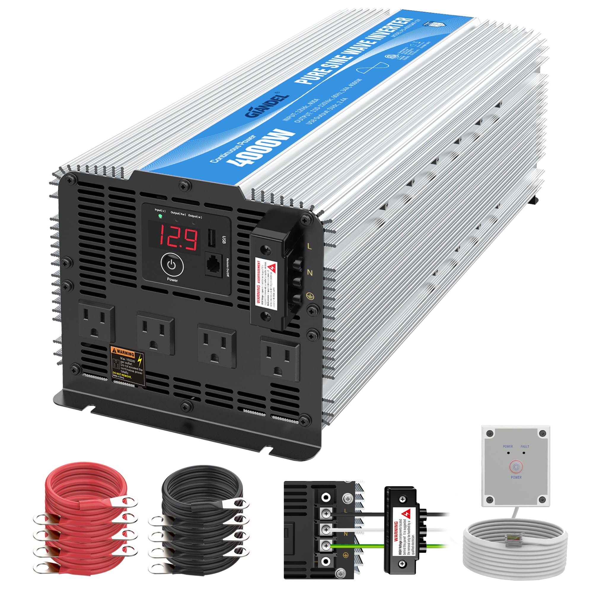 GIANDEL 4000W Pure Sine Wave Power Inverter ETL UL 458 STD Listed converts DC12V to AC120V with 40amps Hardwire Terminal Block 4