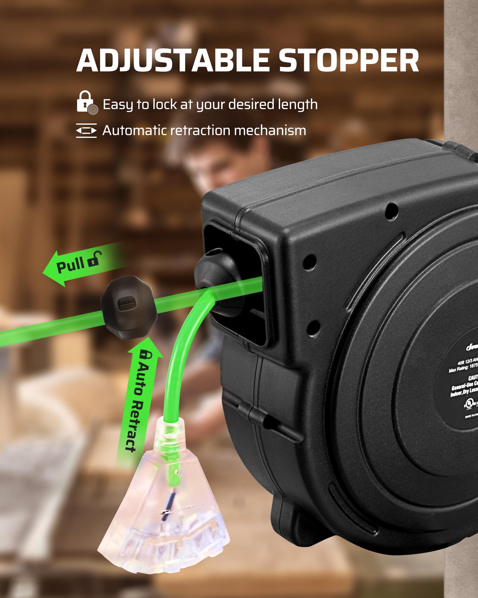 Dewenwils Retractable Extension Cord Reel, 40 Ft Heavy Duty Power Cord, 12/3C Sjtow Retractable Cord Reel, Lighted Triple Tap Ou