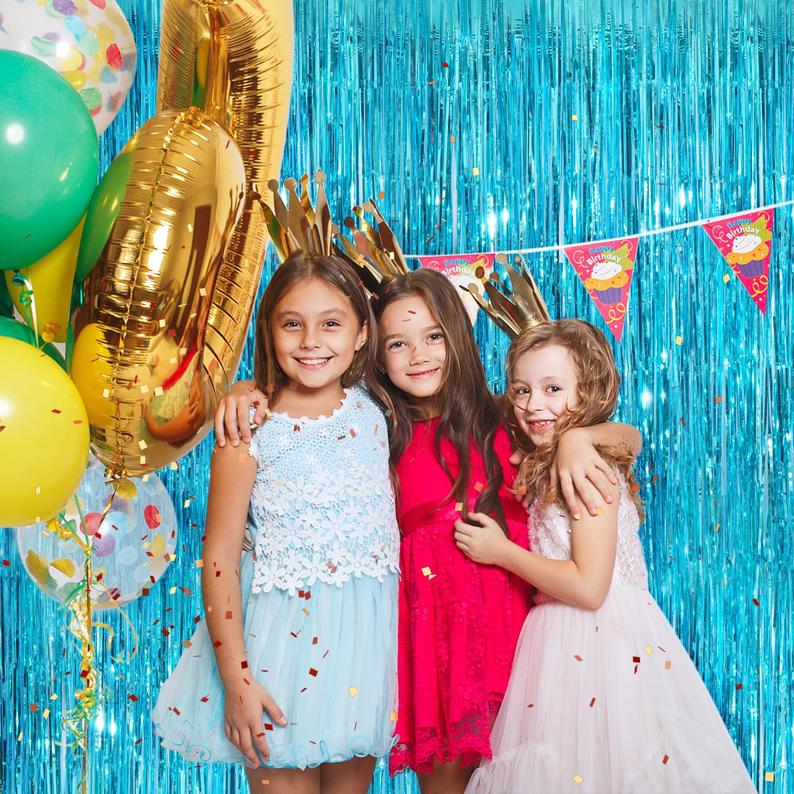 Sky Blue Metallic Tinsel Foil Fringe Curtain, 2 Pack 3.3X8.3 Feet Party Streamer For Birthday Party Decorations, Halloween Decor