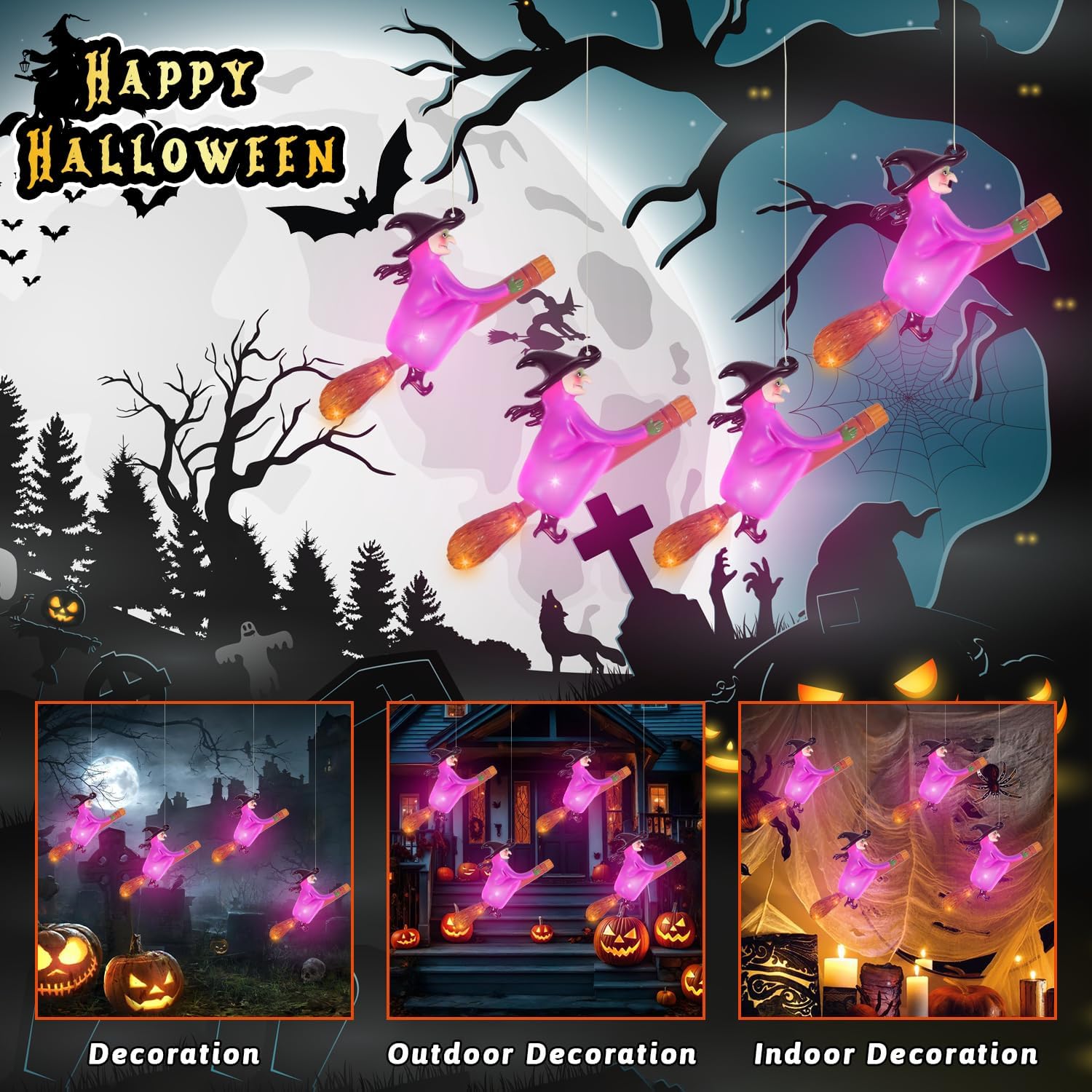 Halloween Decorations Flameless Candles With Witch Flying On Broomsticks, Hanging Led Light Flying Witch Remote By Magica Wand,