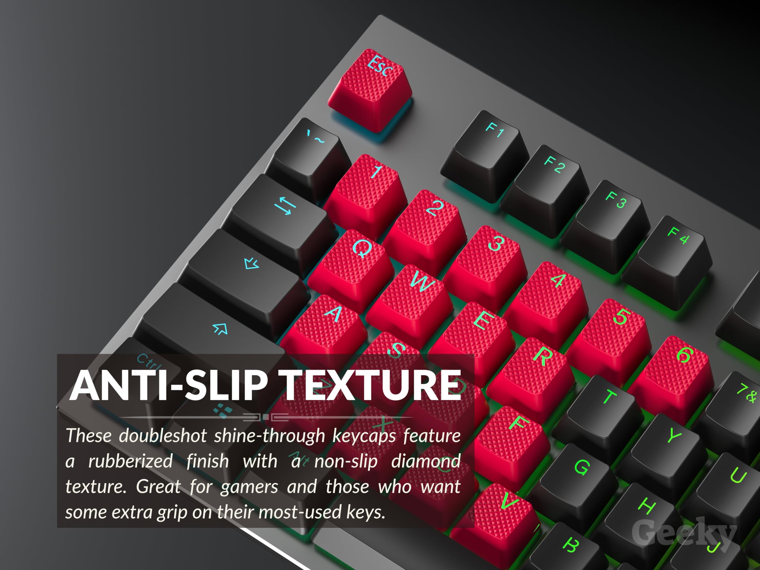 Geeky Rubberized Keycap Set | Double Shot Translucent | Abs + Tpr | Oem Profile For Mechanical Gaming Keyboard (Red, 23 Keys)