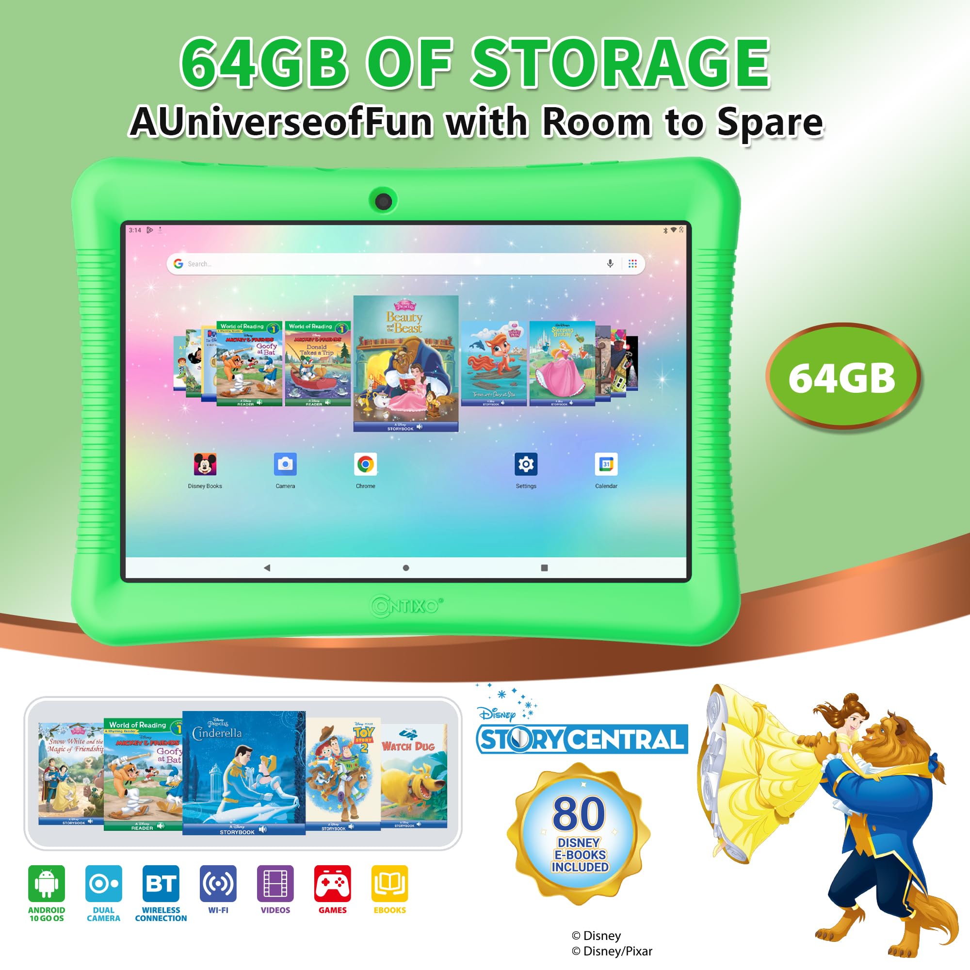 Contixo 10' Android Kids Tablet 32Gb, Includes 80+ Disney Storybooks & Stickers, Parental Controls, Kid Proof Case With Kickstand & Stylus, (2024 Model)   Green