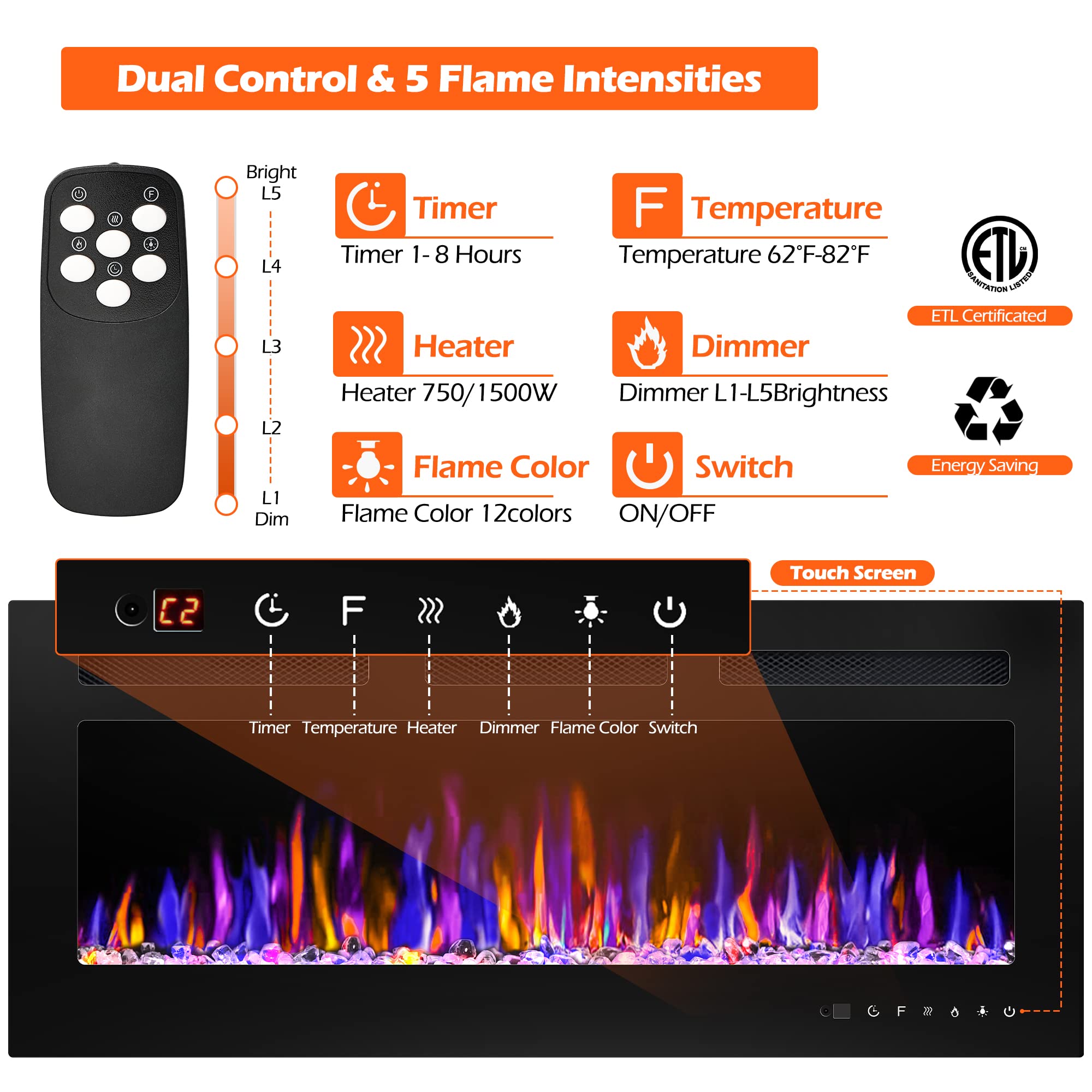 Betelnut 36'' Electric Fireplace Wall Mounted And Recessed With Remote Control, 750/1500W Ultra Thin Wall Fireplace Heater W/ Ti