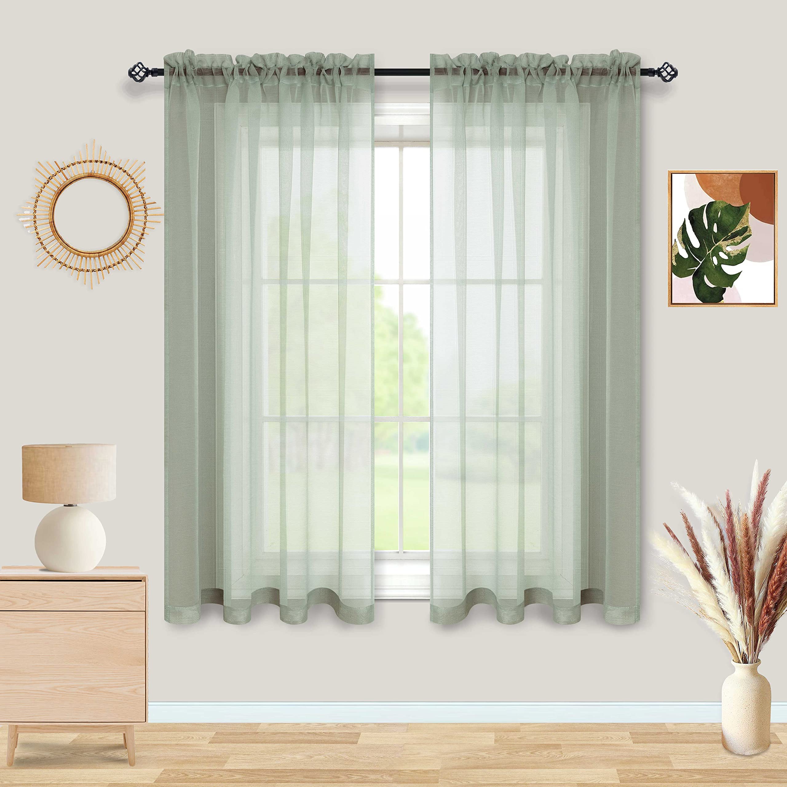 Boho Decor Sage Green Short Curtains 45 Inch Length For Bathroom Kitchen Windows 2 Panels Rod Pocket Small Semi Sheer Curtains F