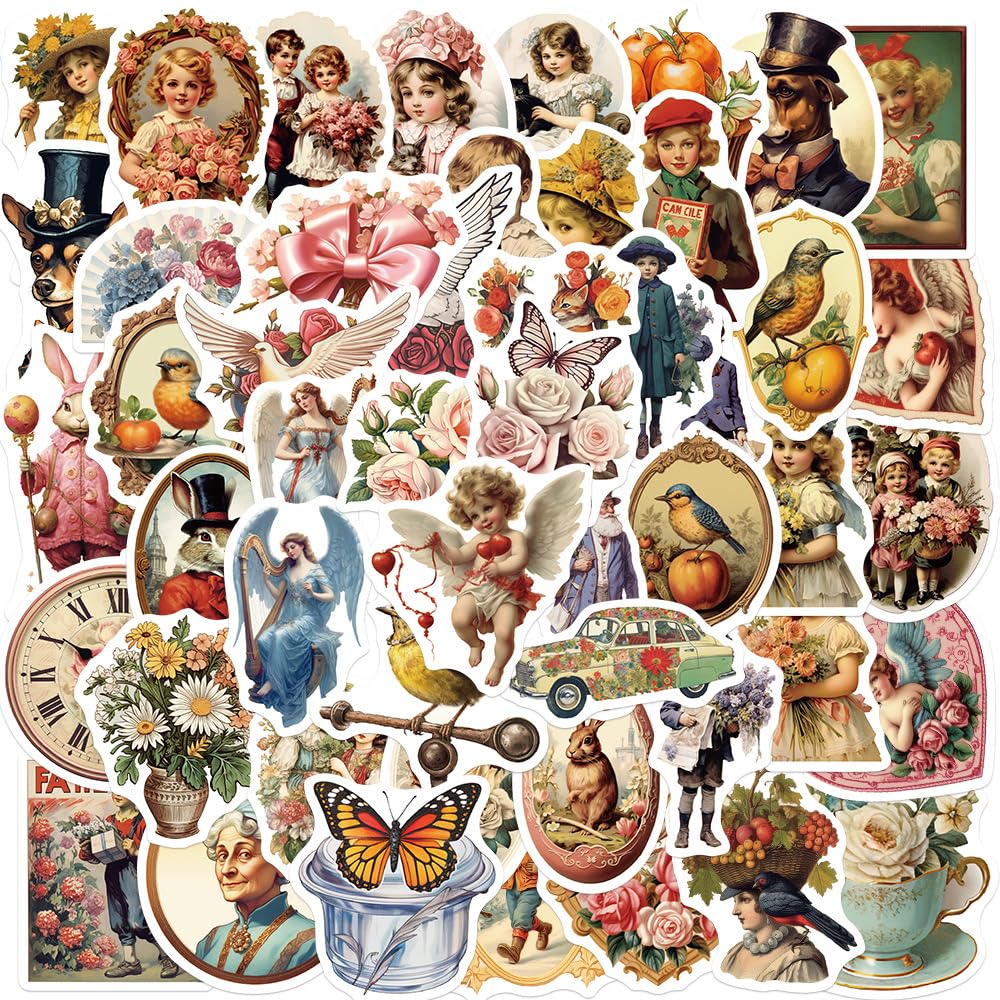 Yoksas 50Pcs Vintage Victorian Stickers   Waterproof Vinyl Old Antique Art Stickers For Laptops,Water Bottles,Scrapbooking,Journ