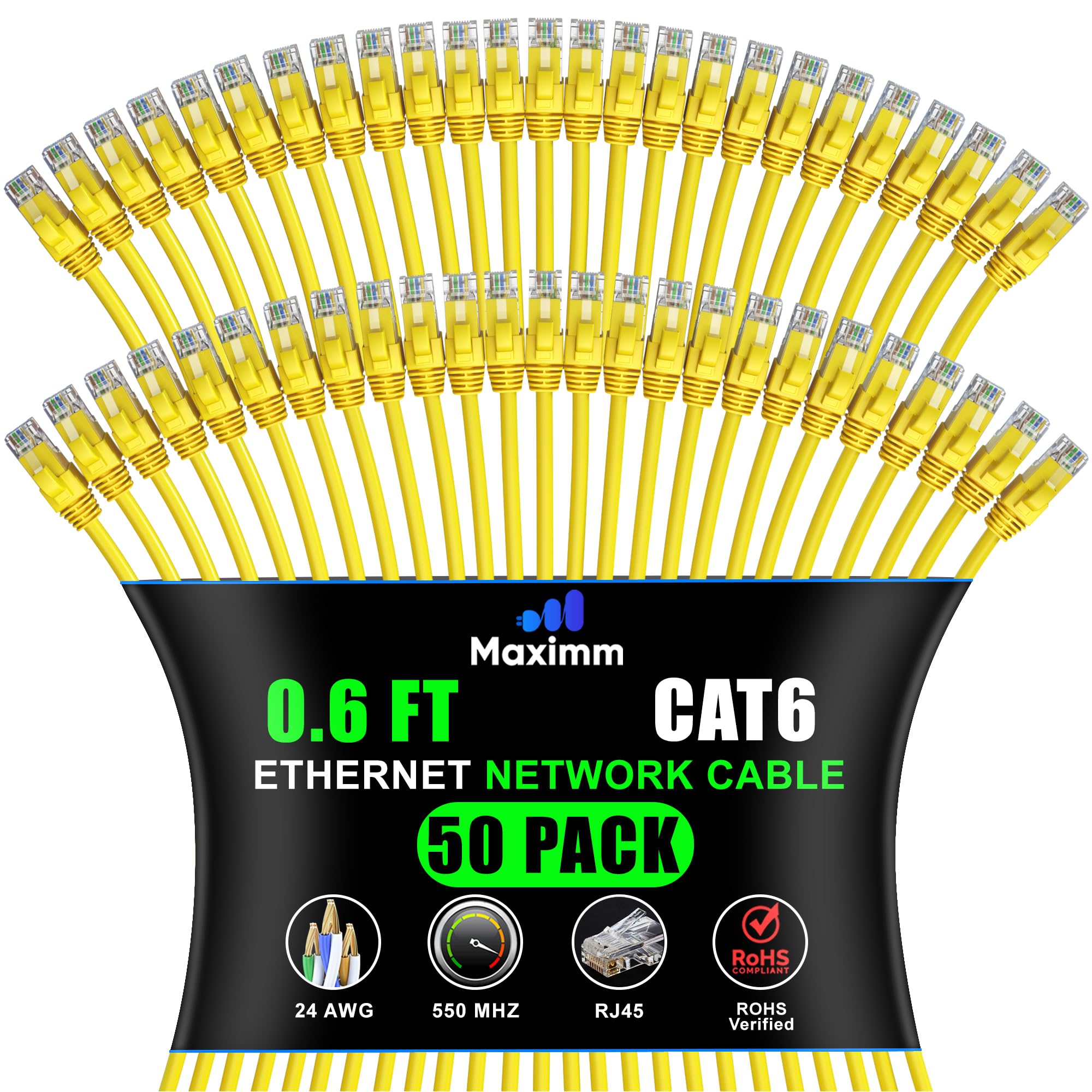 Maximm Cat 6 Ethernet Cable 0.6 ft (50-Pack) - High-Speed LAN Cable, Internet Cable, Patch Cable, and Network Cable - UTP, 10Gbp