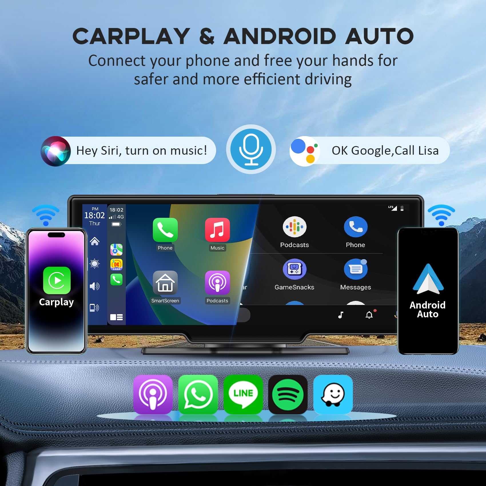 Wireless Portable Carplay Screen For Car, 10.26'' Hd Ips Carplay And Android Auto Screen, Car Touch Screen With 4K Dash Cam, Car