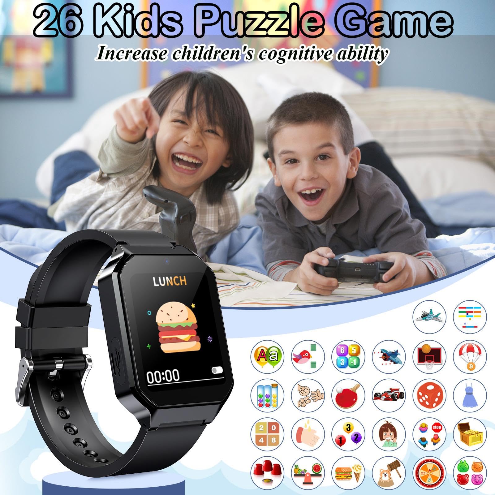 Derui Smart Watch For Kids 3 12 Years Boys Girls, 26 Puzzle Games, Smartwatch With Camera, Pedometer, Stopwatch, Video Voice Music Player Calendar Alarm Clock Learn Card For Children Gifts (Black)