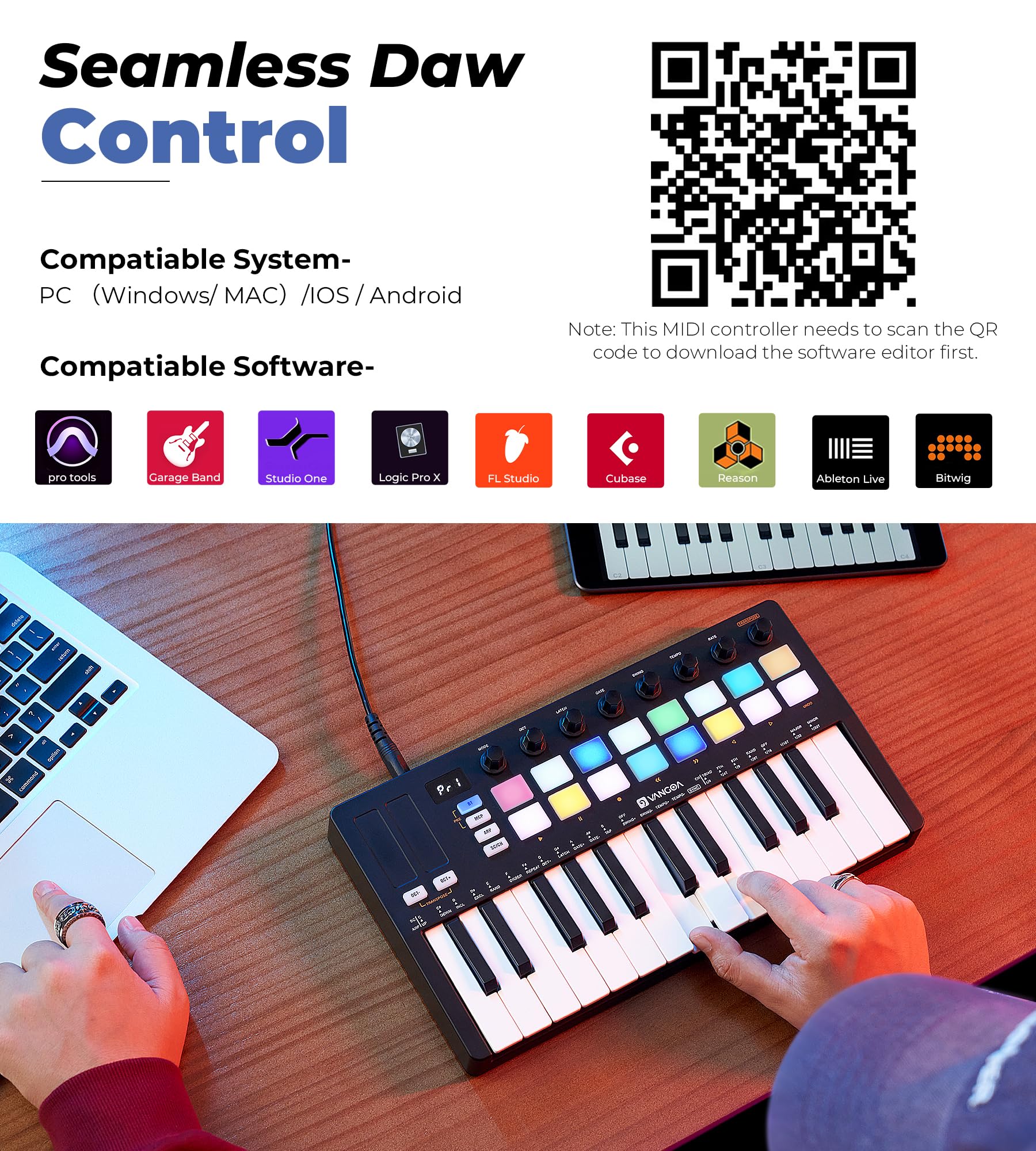 Vangoa Beat Maker For Music Production, 25 Keys Midi Pad Beating Makers Machine, Wireless Mini Controller Keyboard Computer Reco