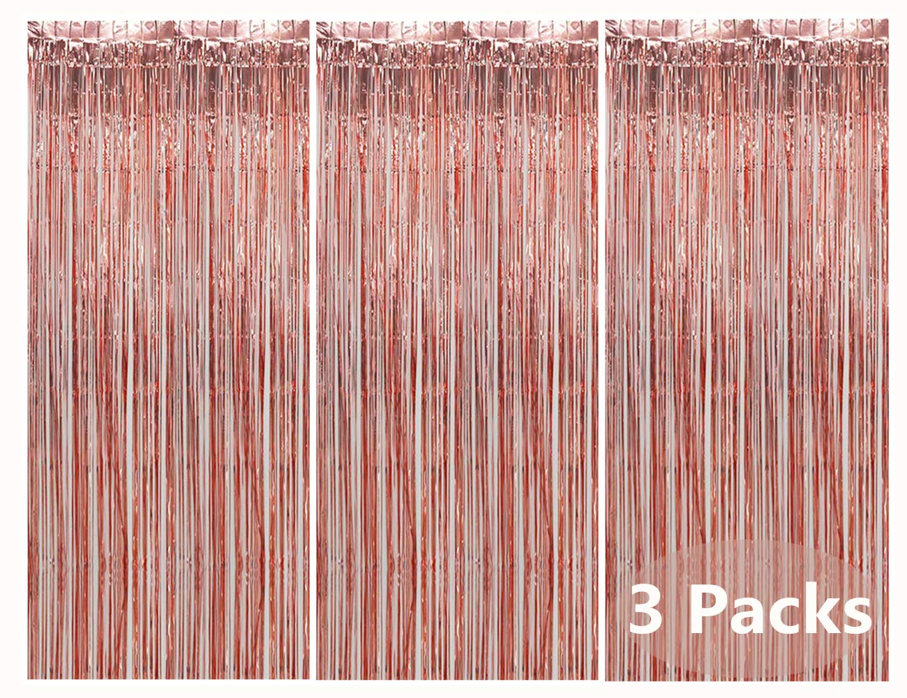 3Pcs Rose Gold Metallic Tinsel Foil Fringe Curtains, Zapikic 3Ft X 8Ft Abcty Party Decor Backdrop For Birthday Wedding Engagemen