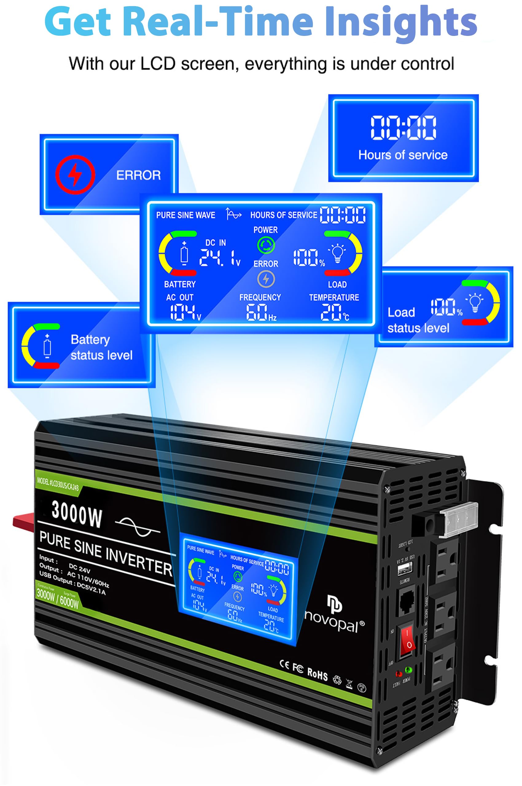 Novopal 3000 Watt Pure Sine Wave Power Inverter 24V To 110V 120V Rv Inverters With 3 Ac Outlets,High Power Ac Terminal-16 Ft Rem